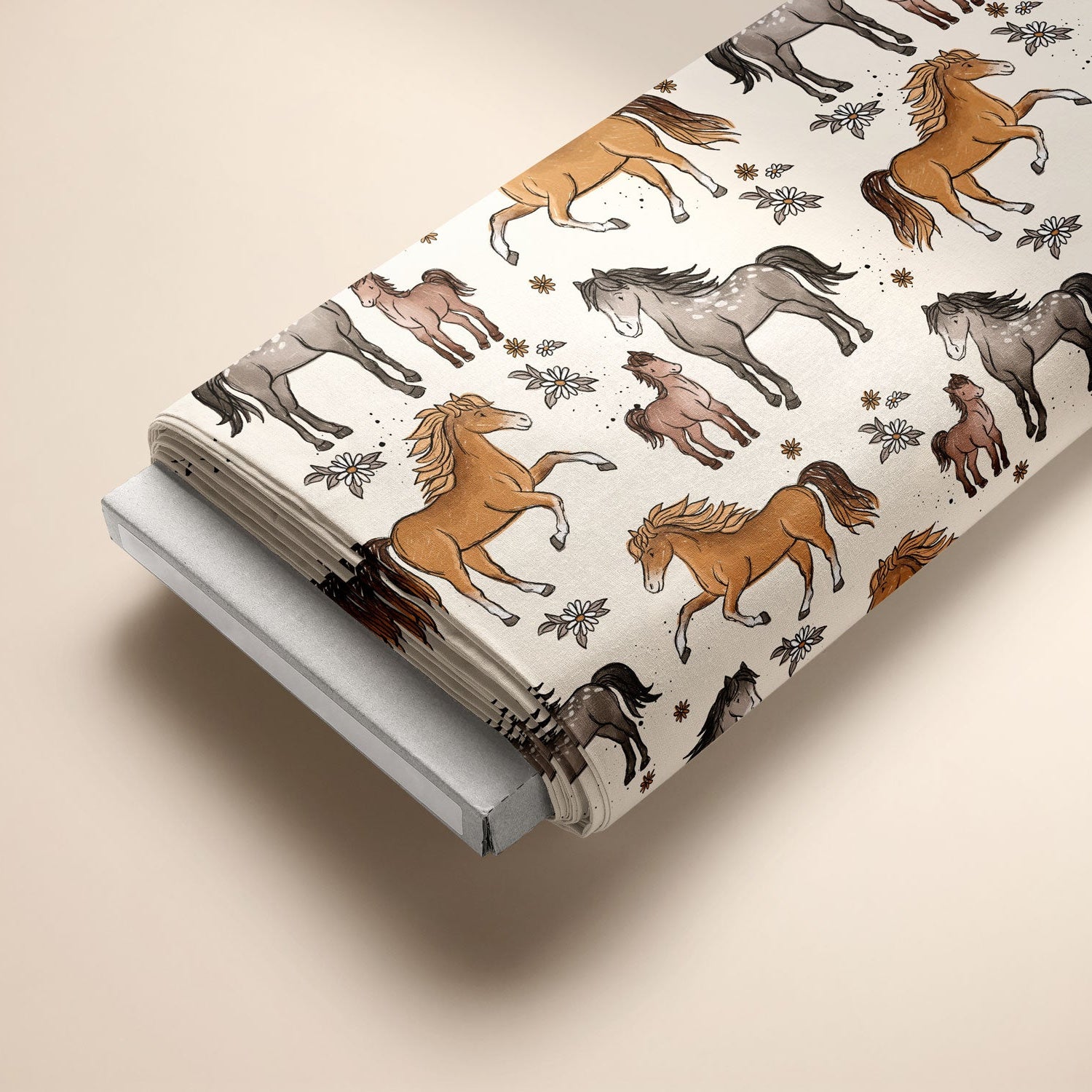 Kinderstoff Meterware Pferde in braun und grau mit Blumen von Katzengold Design auf Ballen