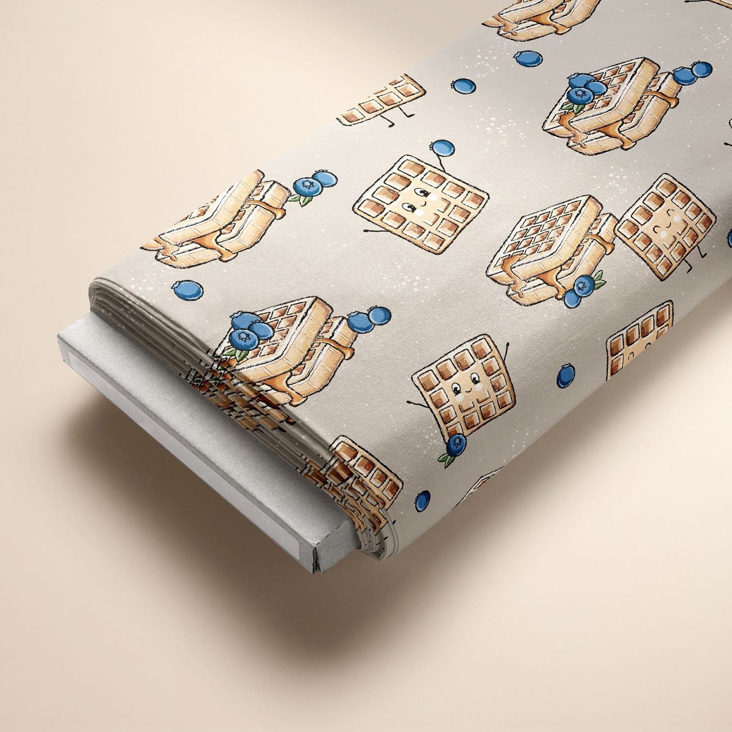 Kinderstoff Meterware süße belgische Waffeln mit Blaubeeren von Katzengold Design
