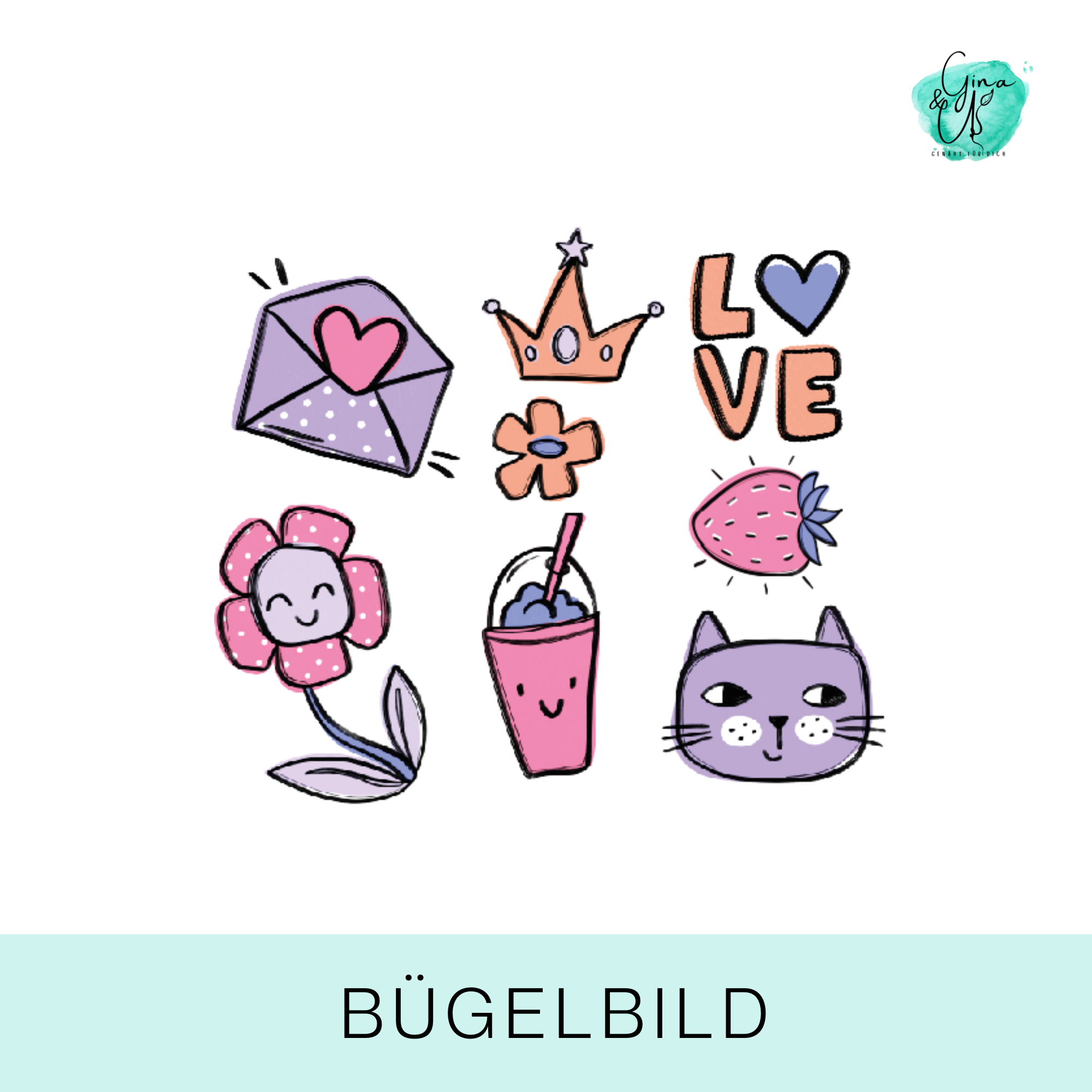 Bügelbild für Kinder mit süßen Illustrationen von Katzengold Design. Ideal für Kleidung, Taschen und mehr! 