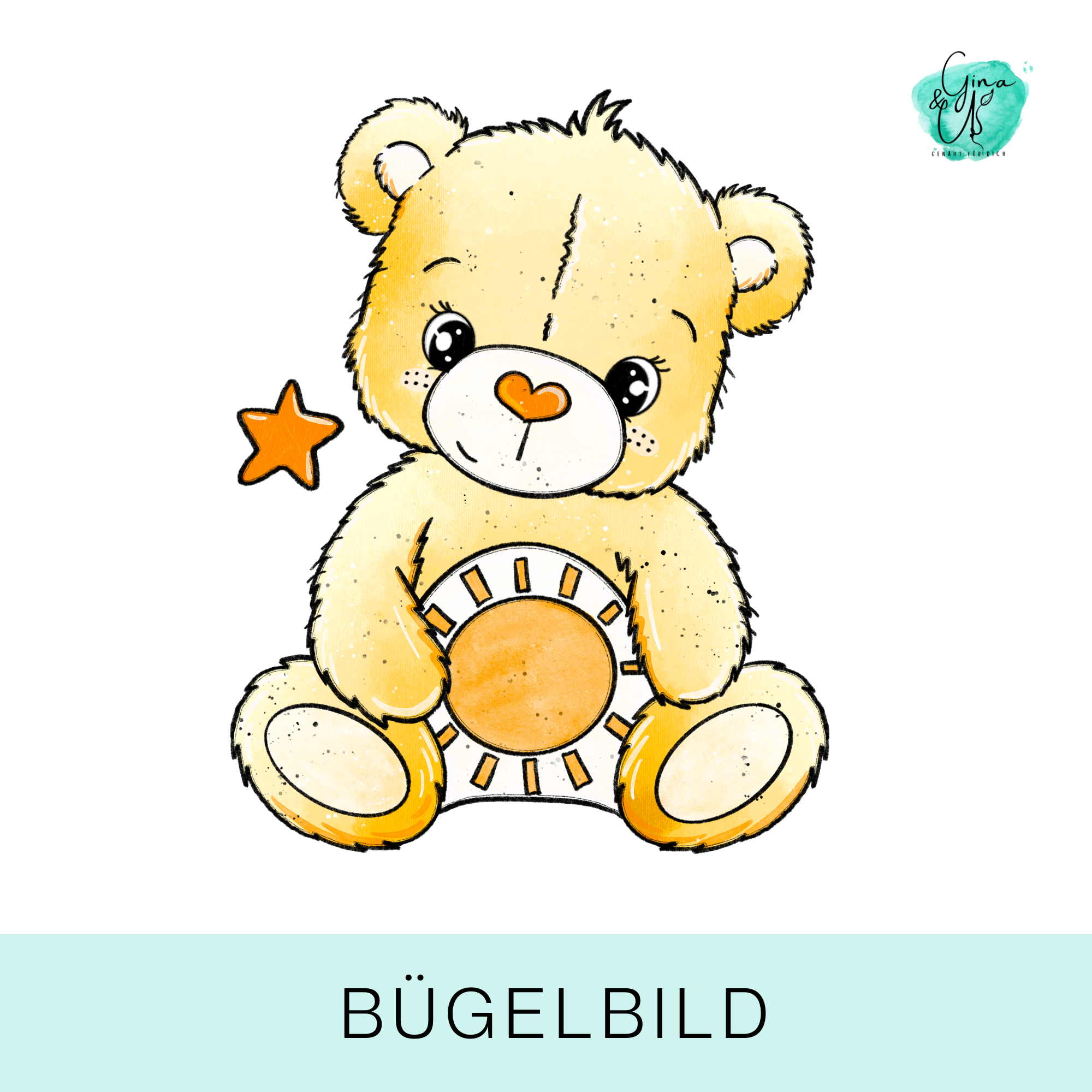 Bügelbild für Kinder mit süßem Bärchen voller Glück in gelb von Katzengold Design