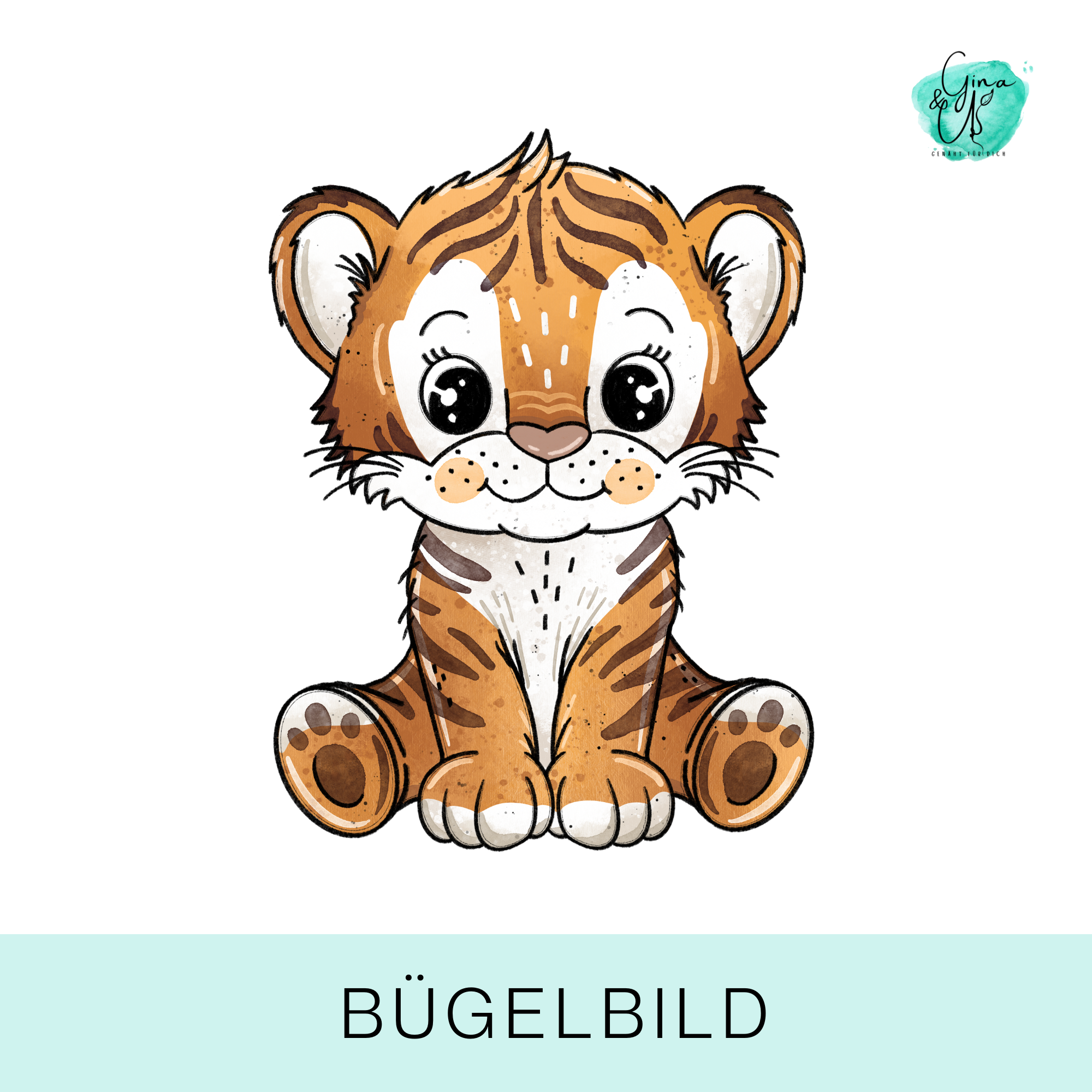 Bügelbild für Kinder mit süßem Tiger von Katzengold Design. Ideal für Kleidung, Taschen und mehr!