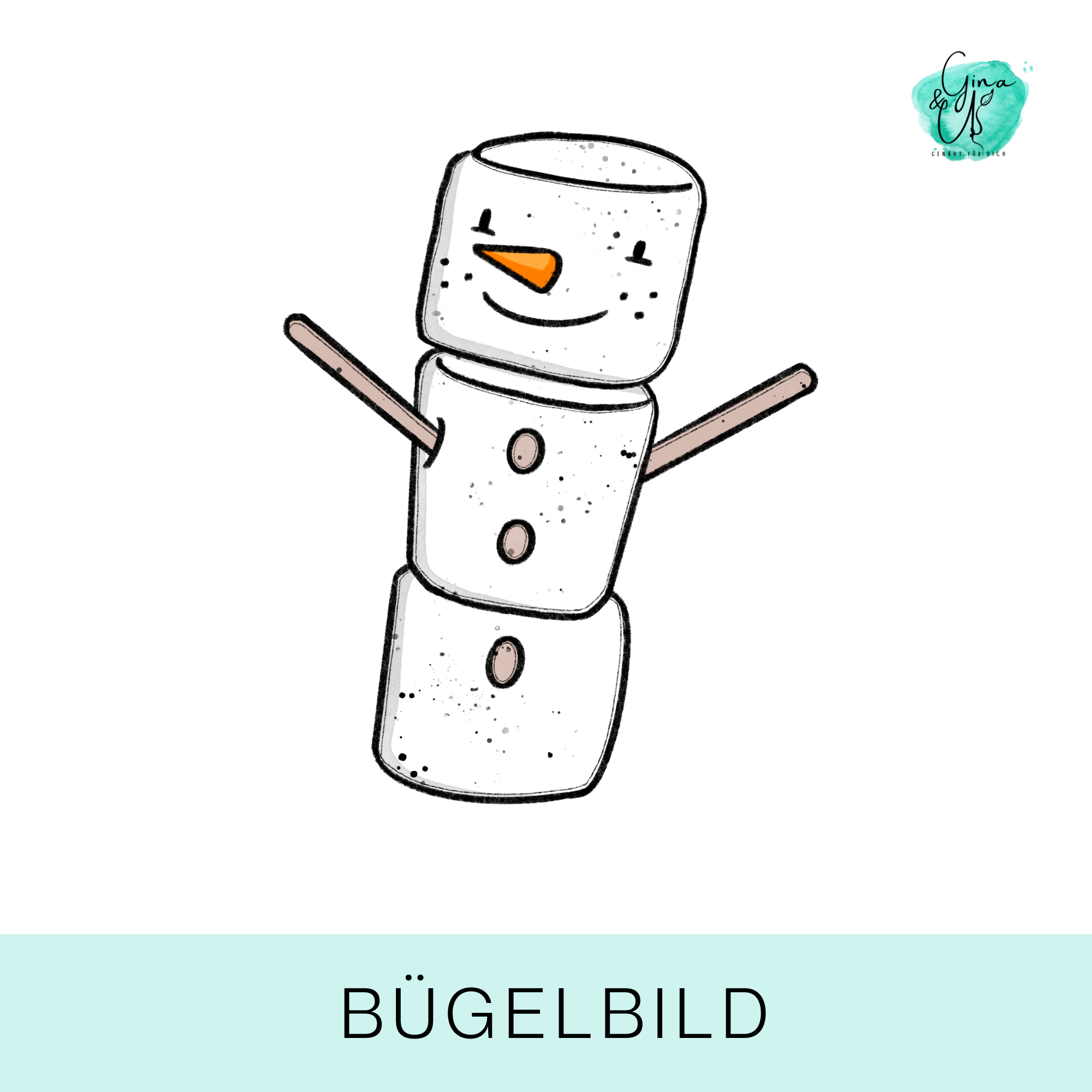 Bügelbild für Kinder Schneemann aus Marshmellows von Katzengold Design für Weihnachten