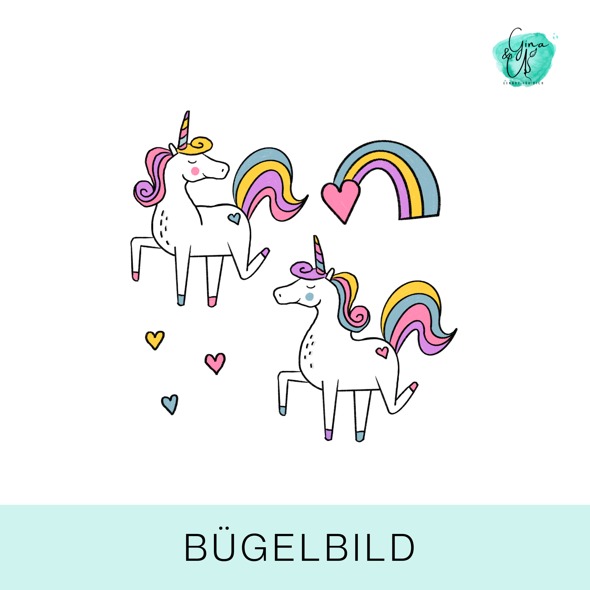 Bügelbild für Kinder mit süßem Einhorn Regenbogen und Herzchen von Katzengold Design. Ideal für Kleidung, Taschen und mehr! 