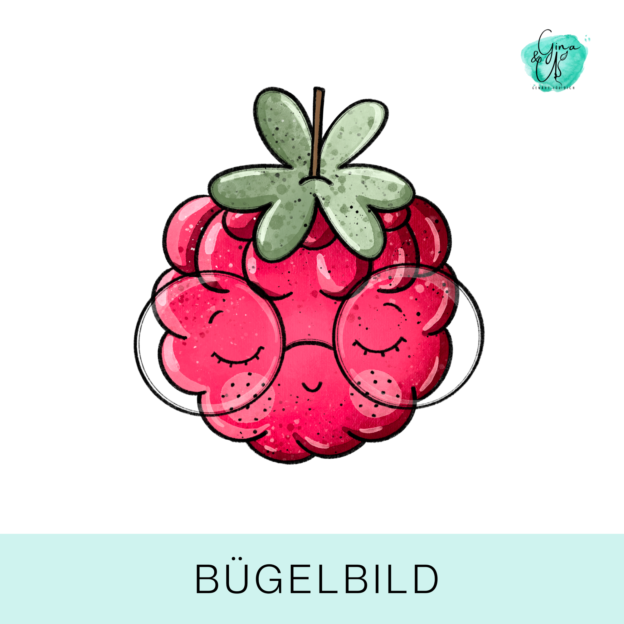 Bügelbild für Kinder mit süßer Himbeere mit Gesicht und Brille von Katzengold Design
