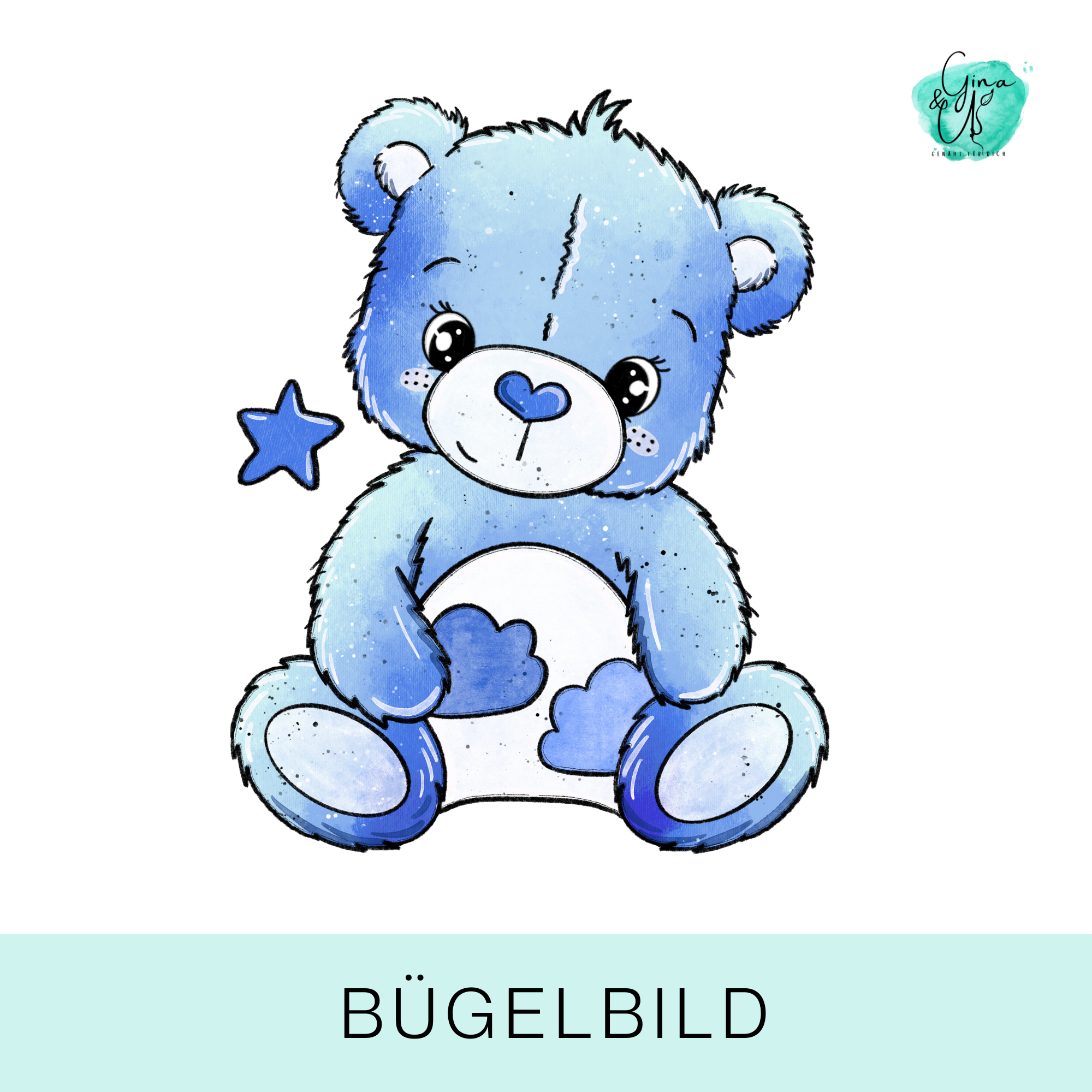 Bügelbild für Kinder mit süßem Bärchen voller Glück in blau von Katzengold Design