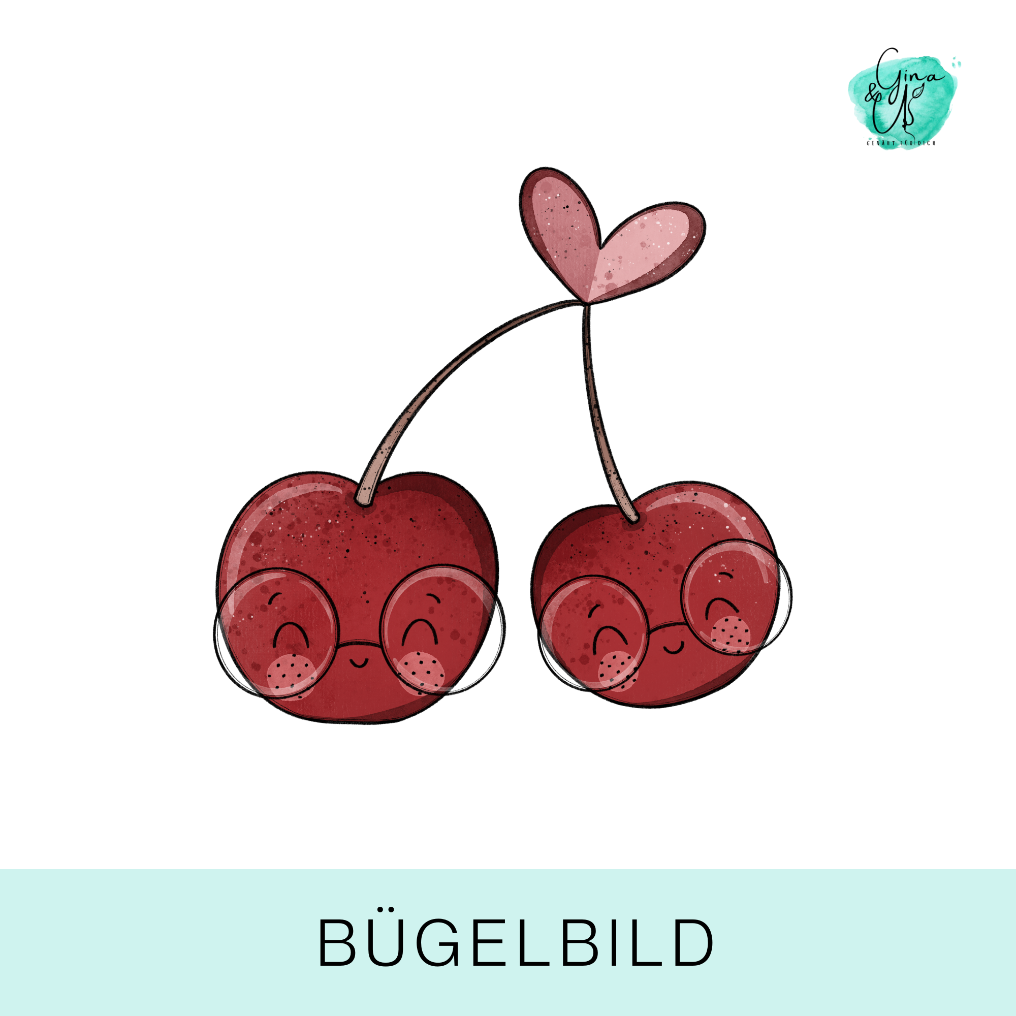 Bügelbild für Kinder mit süßen Kirschen mit Gesicht und Brille von Katzengold Design