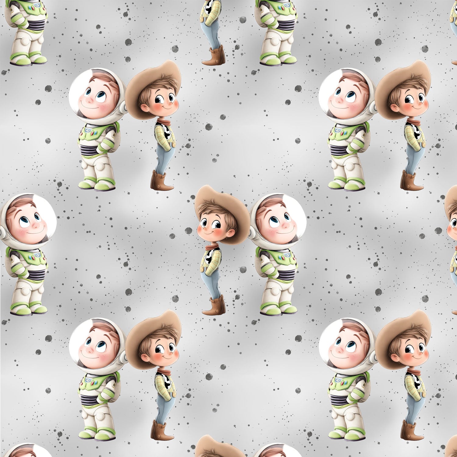Kinderstoff Astronaut Cowboy Freunde auf grau Meterware