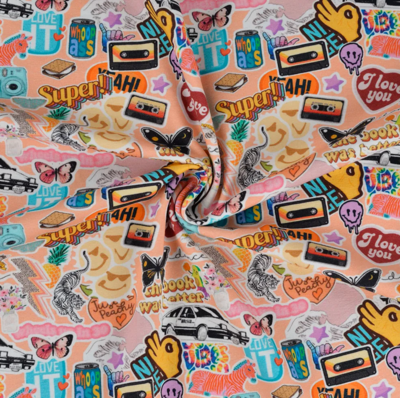 Baumwolle Jersey mit Sticker Motiv Retro Design 90er