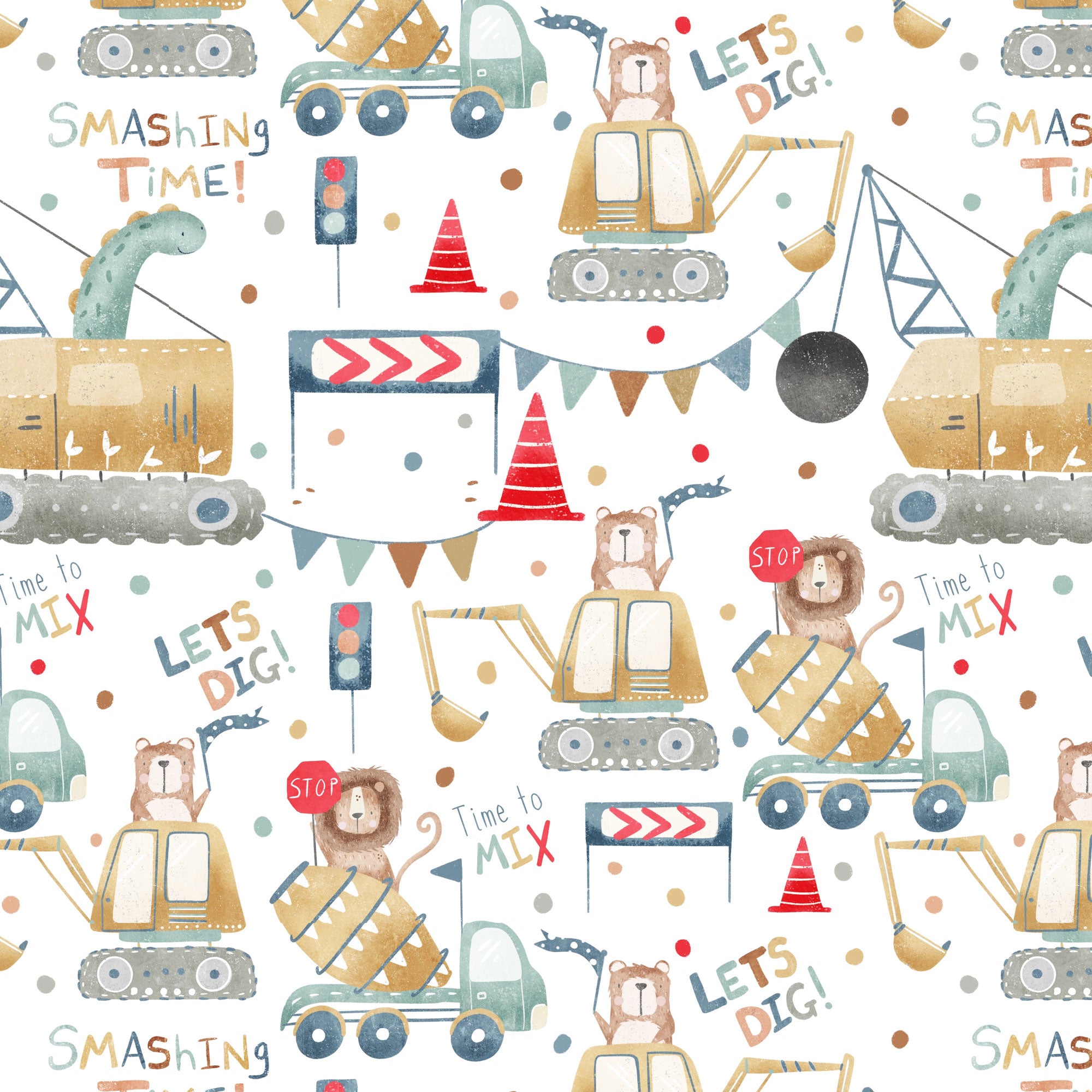 Kinderstoff Meterware Baustellenfahrzeuge und süße Tiere Bagger, Kran, Betonmischer