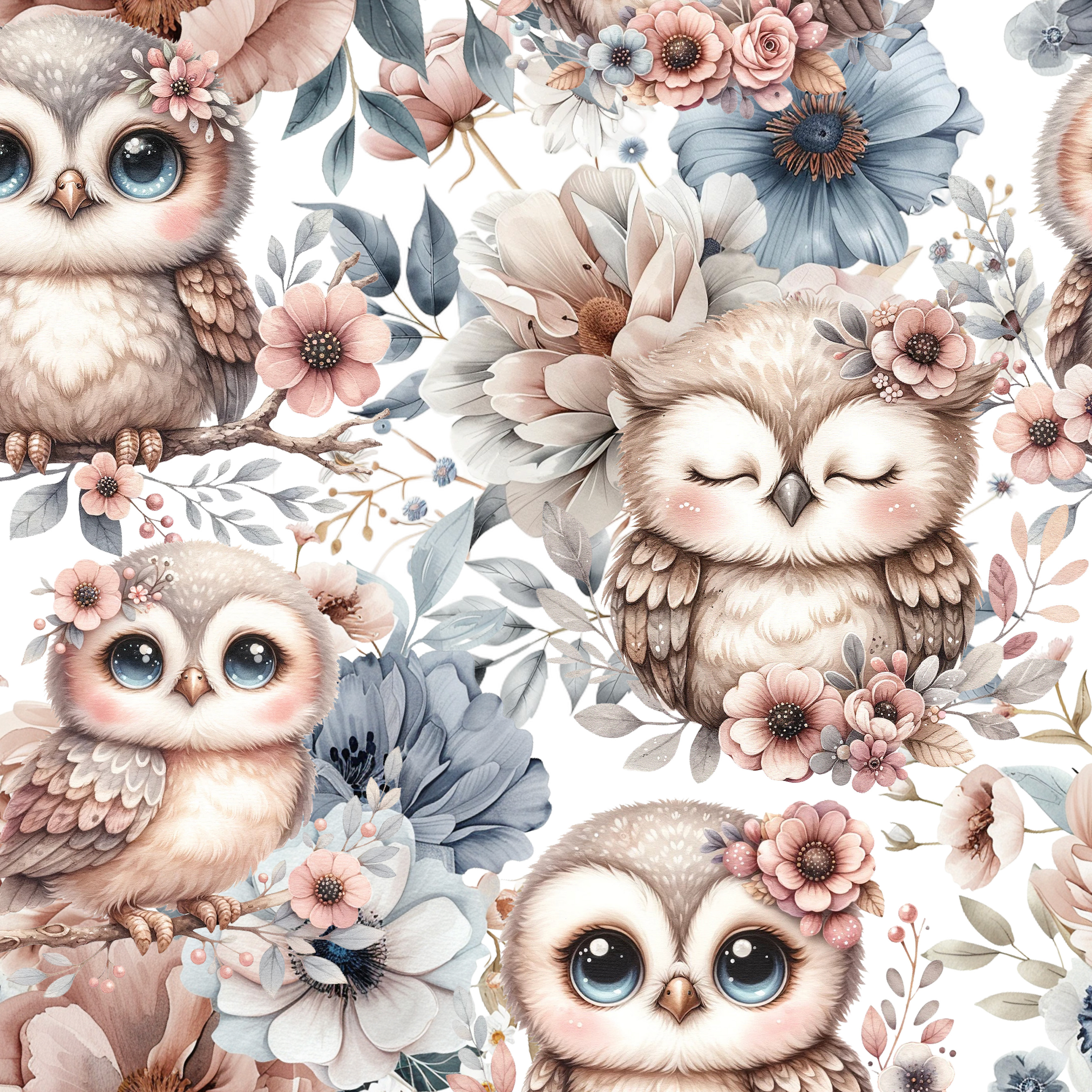 Kinderstoff süße Eule mit großen Augen und Blumen