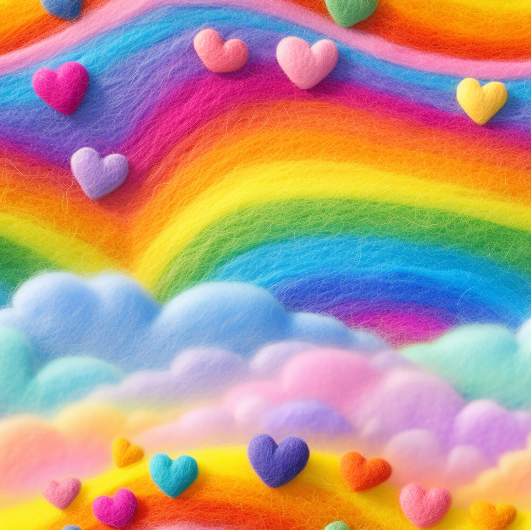 bunter Kinderstoff mit Regenbogen, Herzen und Wolken