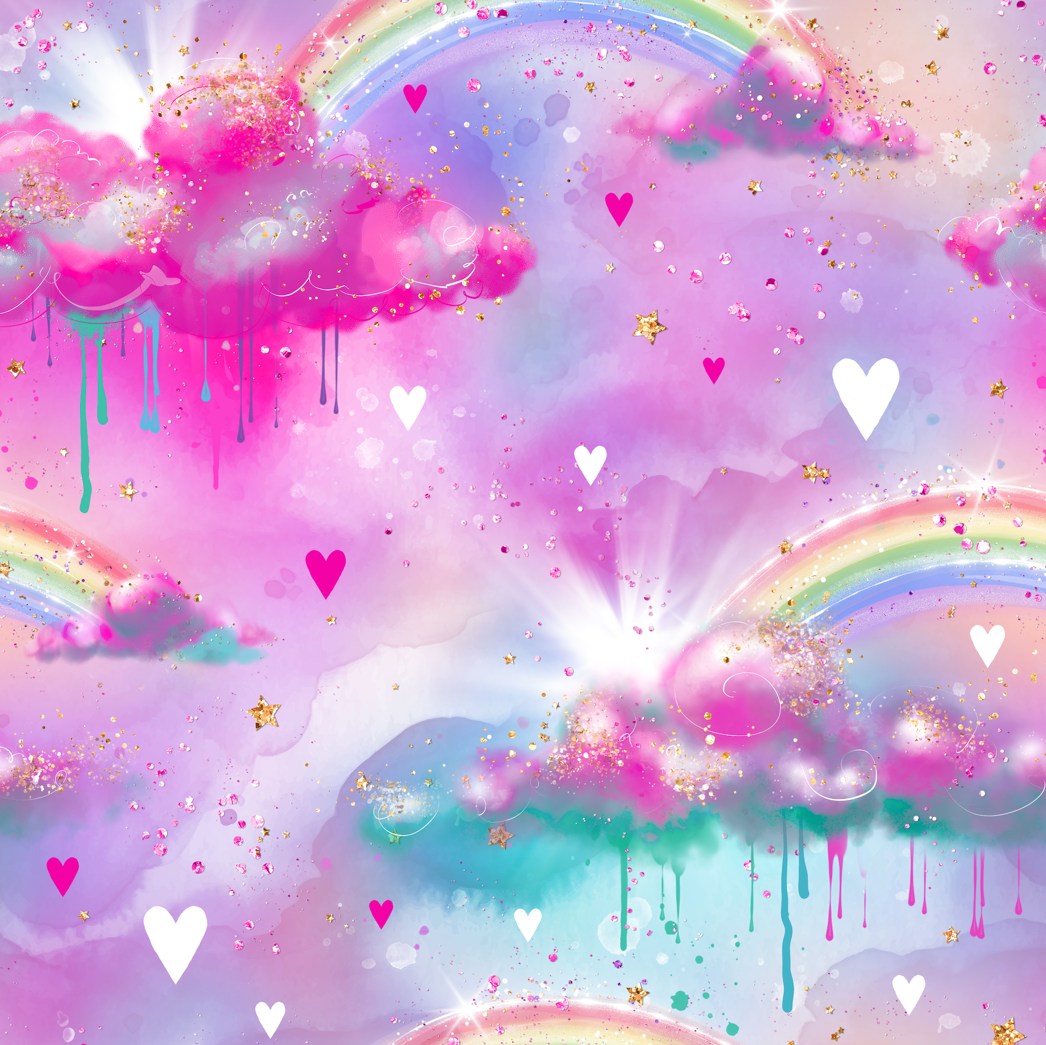 Kinderstoff mit Regenbogen, Herzchen, Wolken und pink, lila und mint