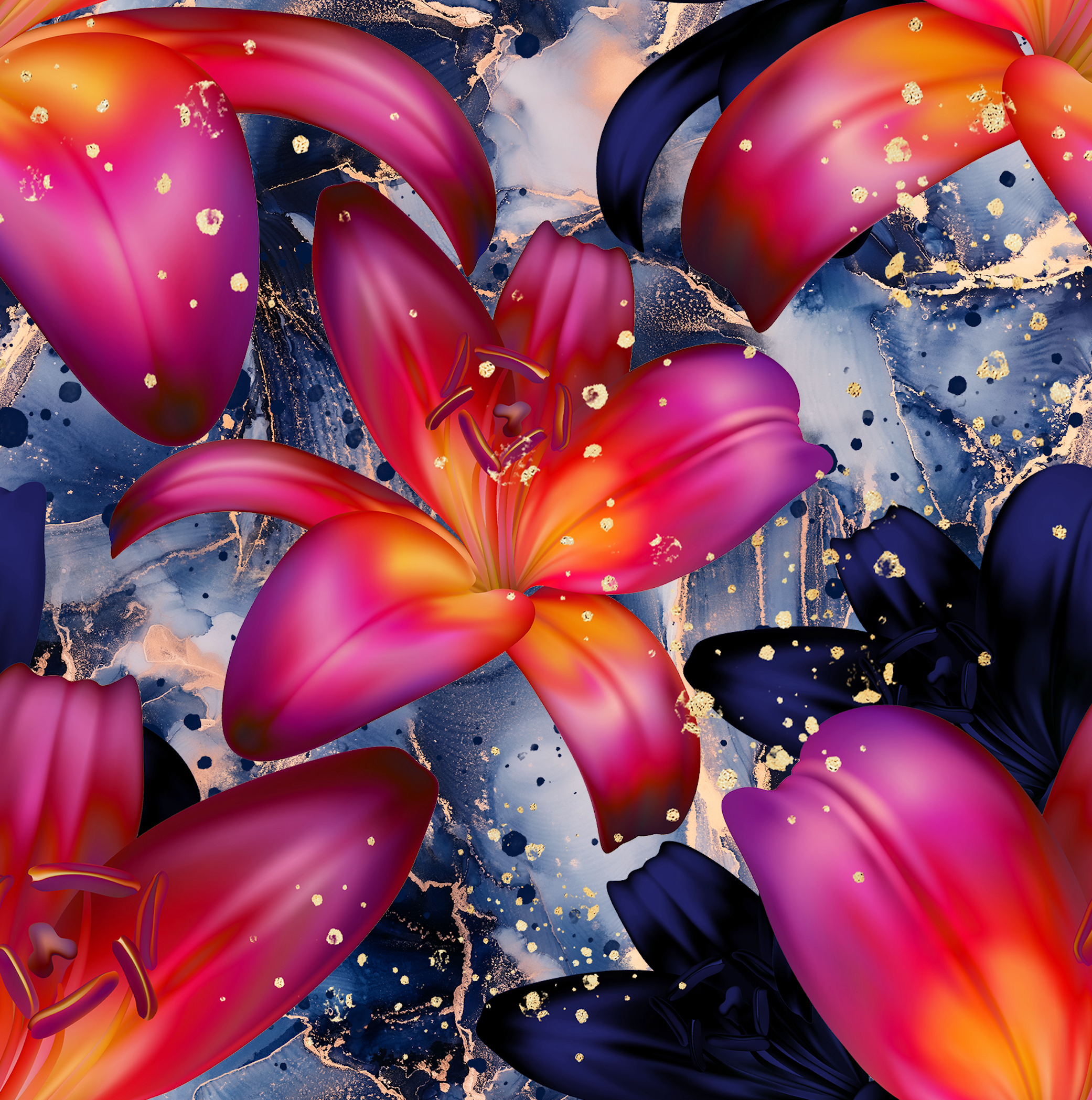 Damenstoff mit Blumen, orange/pinke Lilien auf blauem Hintergrund