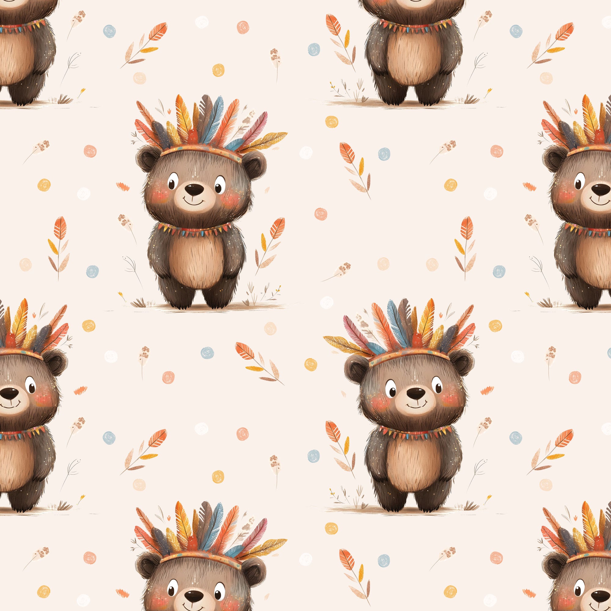 Meterware Kinderstoff Boho Bär mit Federm