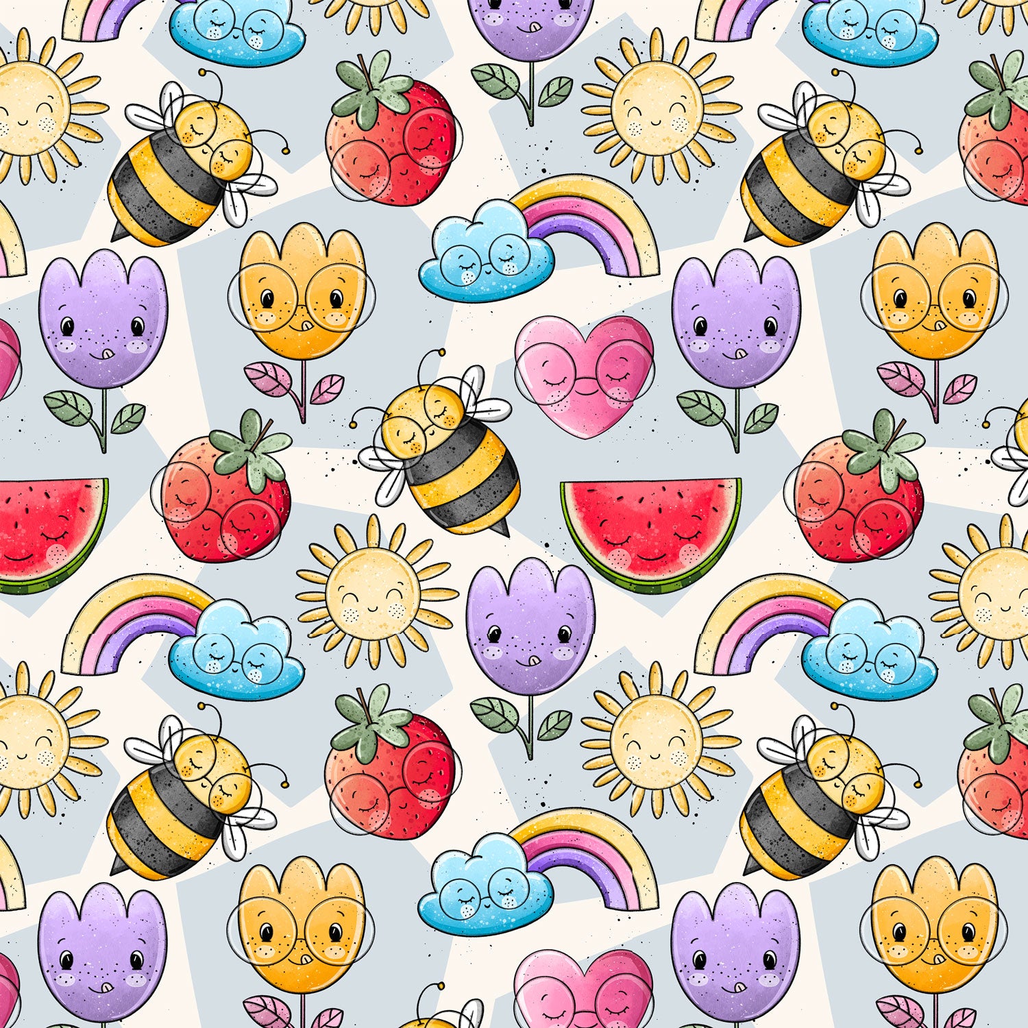 Kinderstoff Meterware mit Erdbeeren Blumen, Sonne Regenbogem Melone  von Katzengold Design