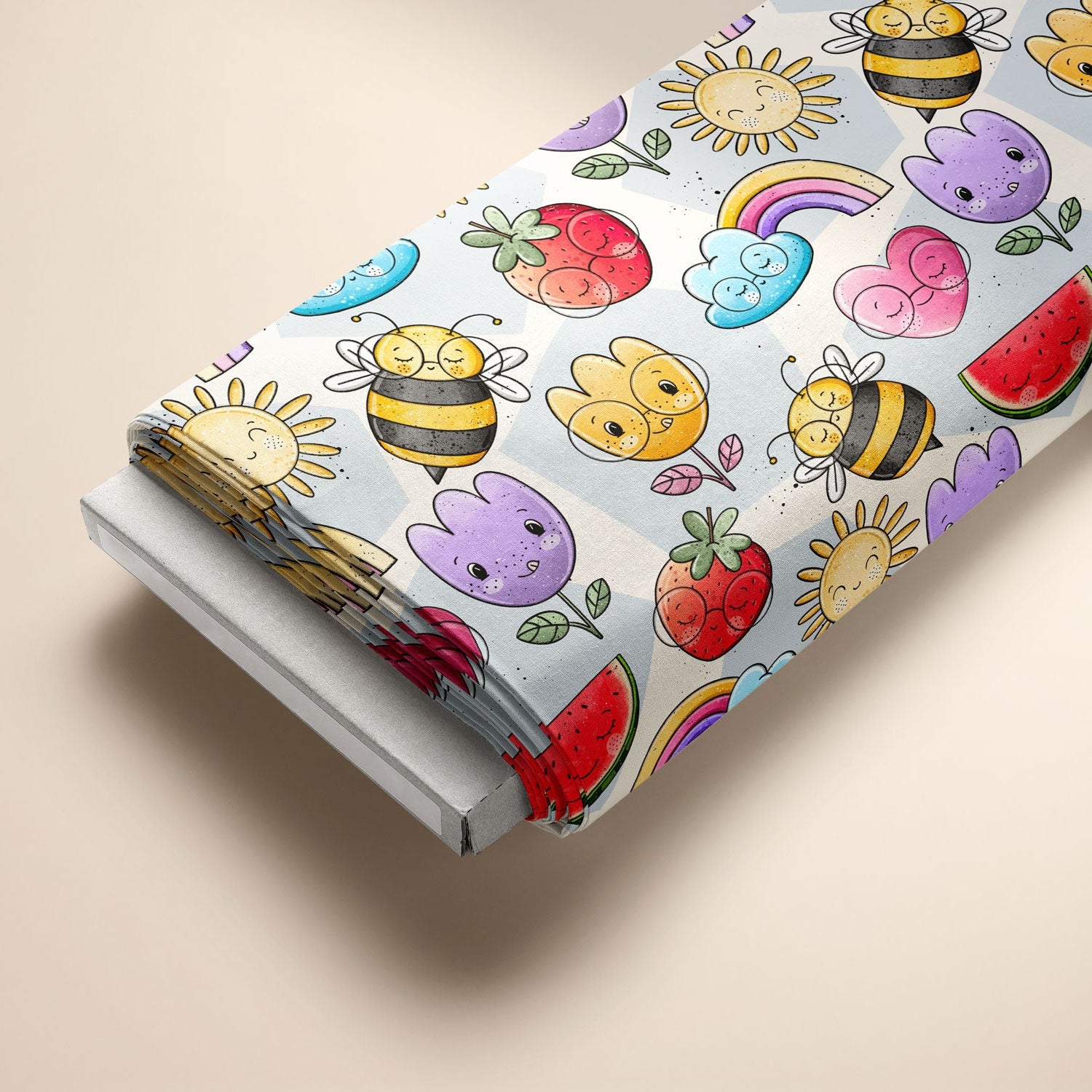 Kinderstoff Meterware mit Erdbeeren Blumen, Sonne Regenbogem Melone  von Katzengold Design