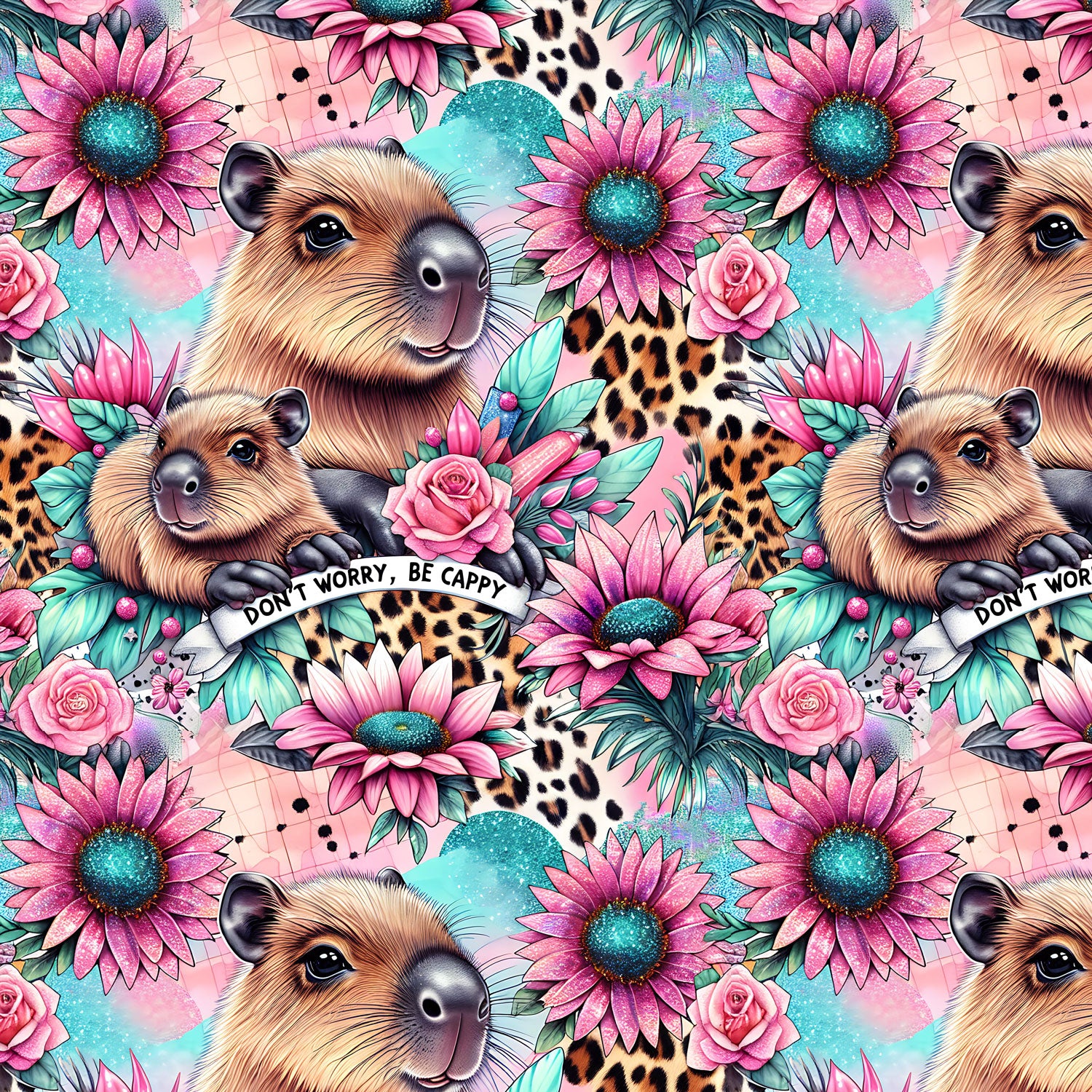 Kinderstoff Capybara mit Leo und pinken Blumen Mächenstoff