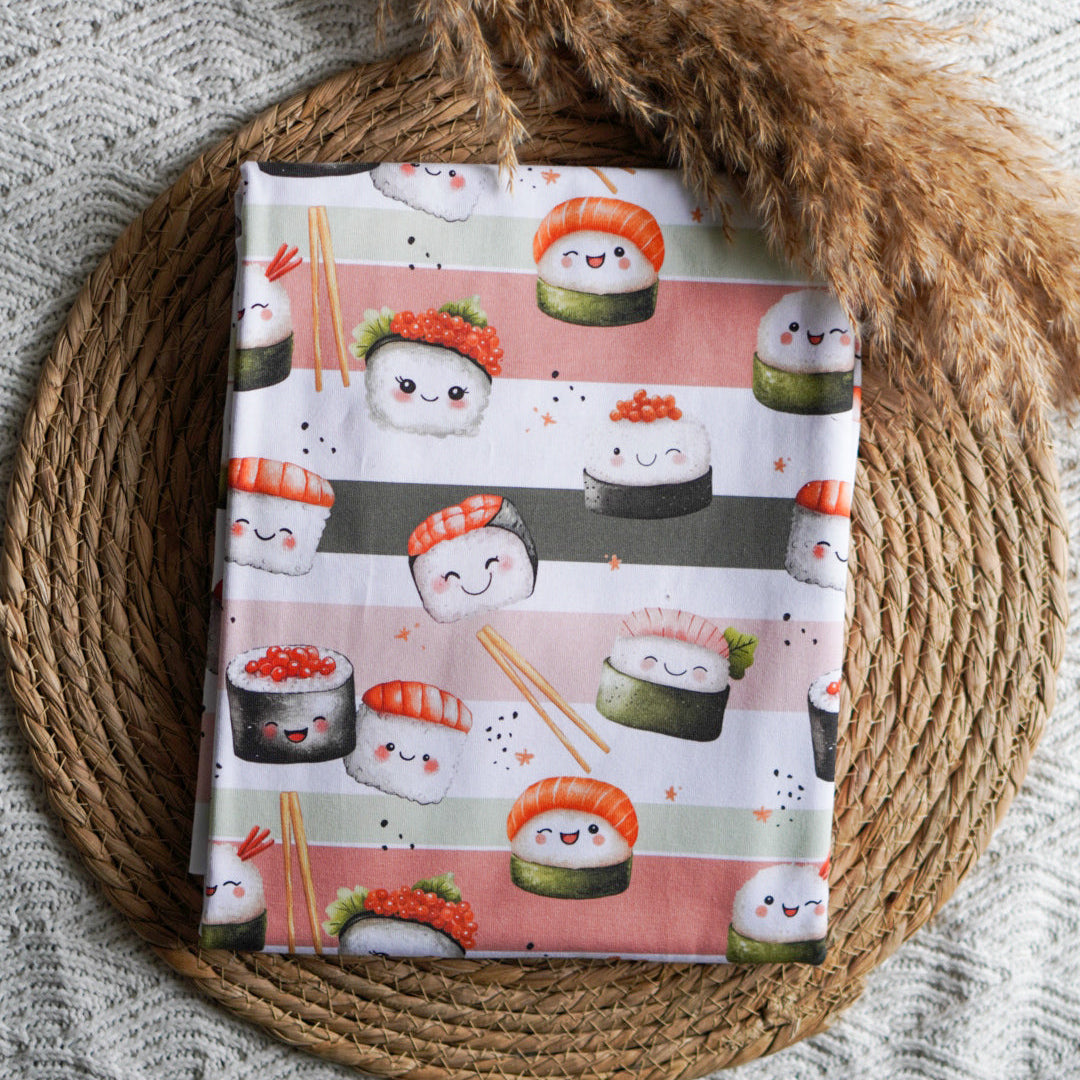 Kinderstoff mit fröhlichem Sushi mit Gesichtern