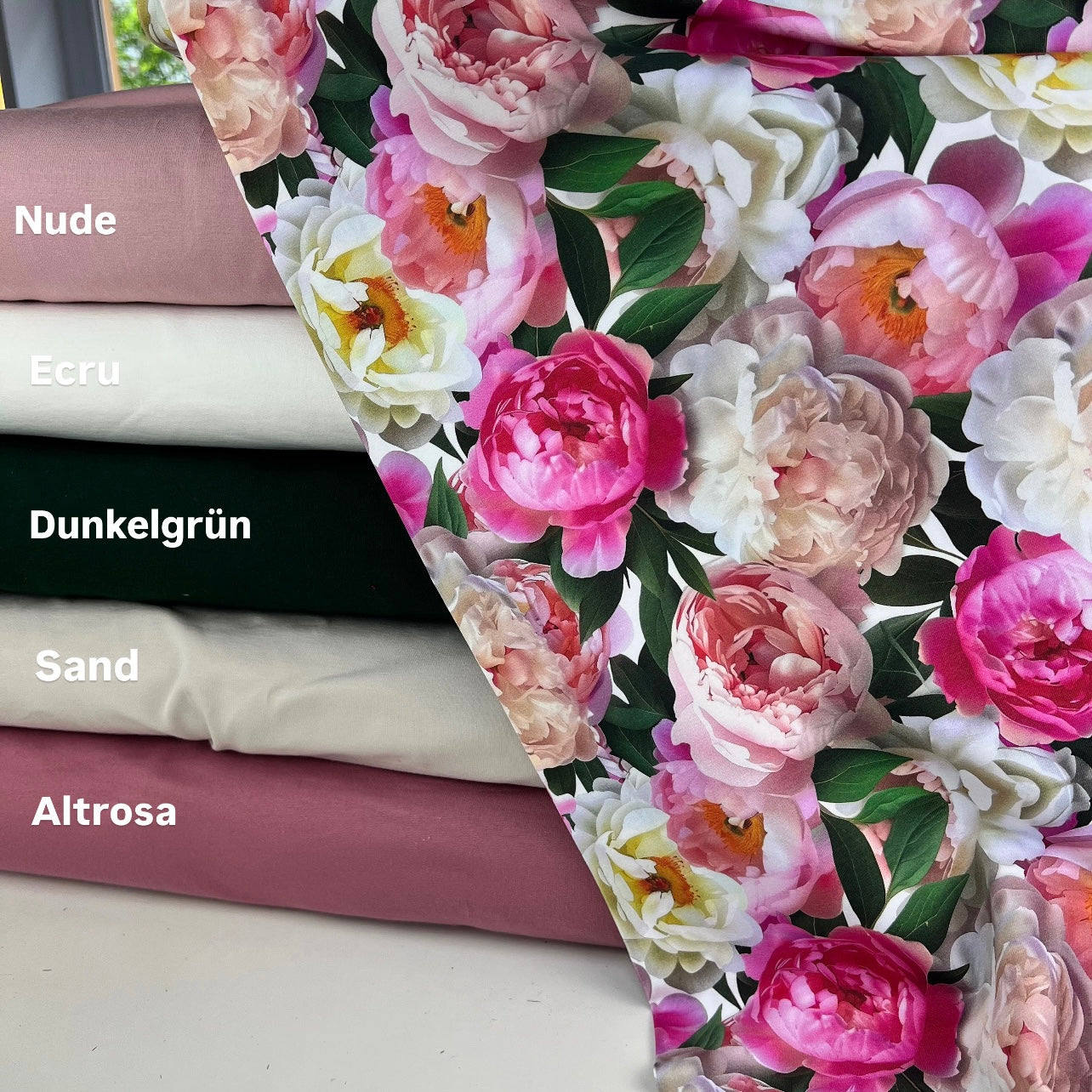 Damenstoff Pfingstrosen Blumenstoff Meterware KOmbistoffe