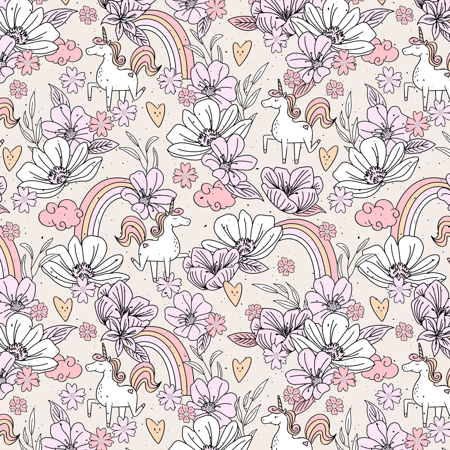 Kinderstoff mit süßen Einhörnern, Regebögen und Blumen von Katzengold Design