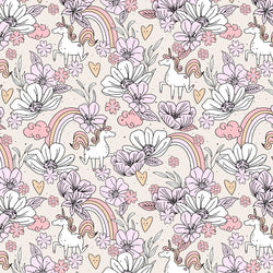 Kinderstoff mit süßen Einhörnern, Regebögen und Blumen von Katzengold Design