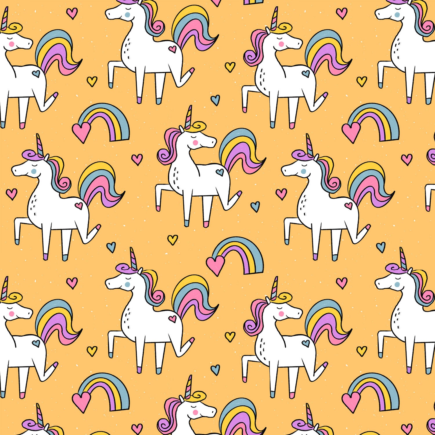 Kinderstoff mit süßen Einhörnern, Regebögen auf gelb von Katzengold Design