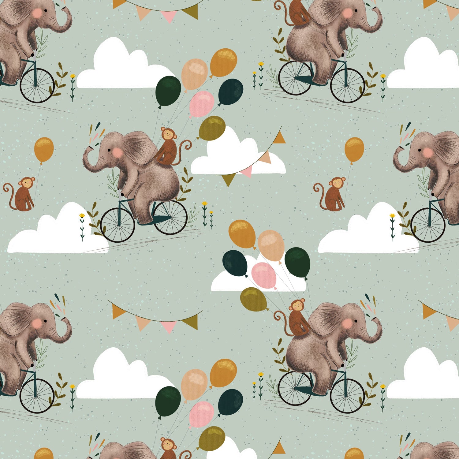 Kinderstoff Meterware Elefant auf Fahrrad mit Affe und Ballons