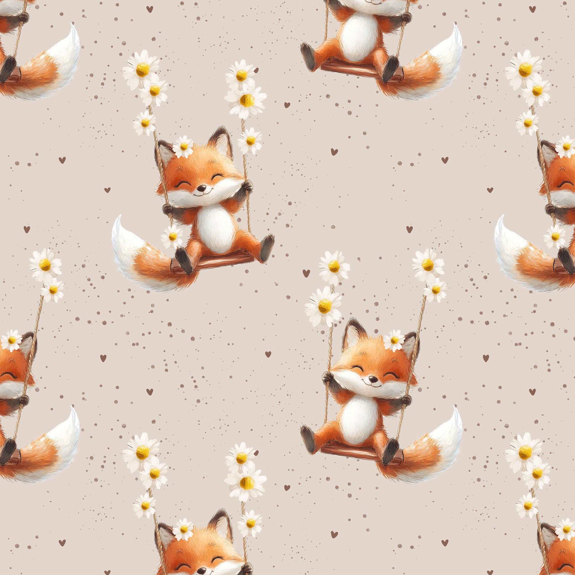 Meterware Kinderstoff süßer Fuchs auf einer Schaukel mit Blumen