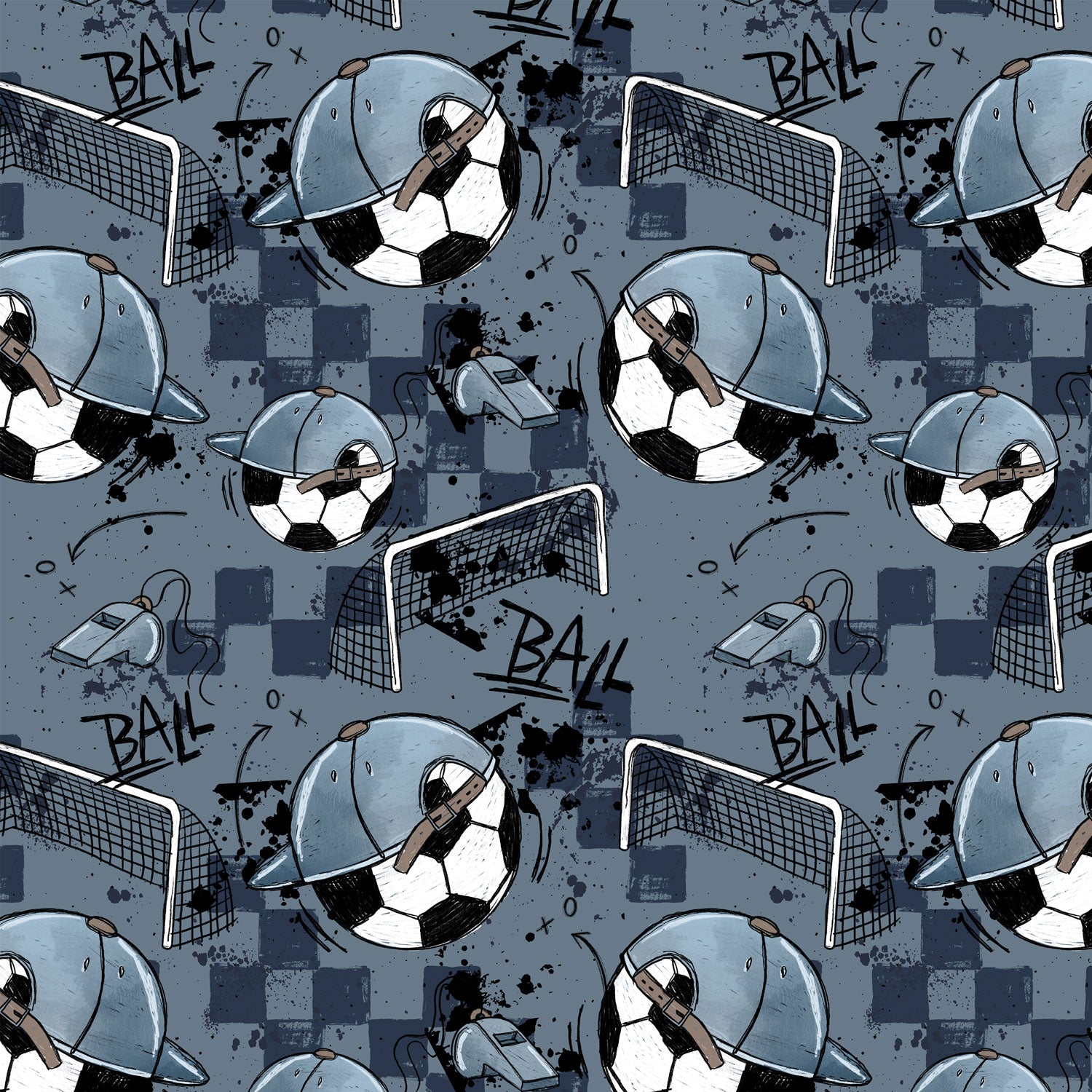 Kinderstoff Meterware Jungsstoff mit Fußball und Toren und Pfeife von Katzengold Design