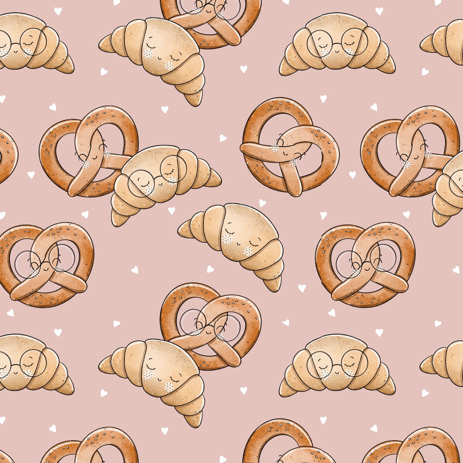 Kinderstoffe Meterware süße Brezel und Croissant mit Gesicht und Brille von Katzengold Design