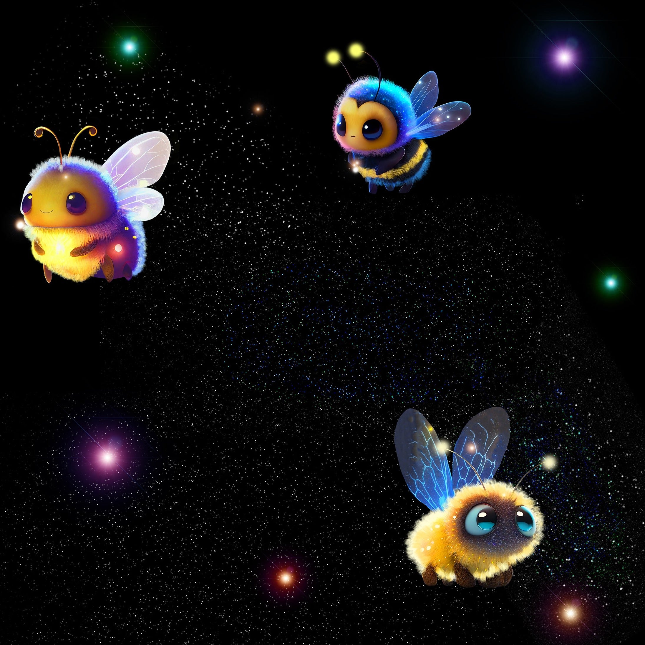 Kinderstoff leuchtende Bienen auf schwarz