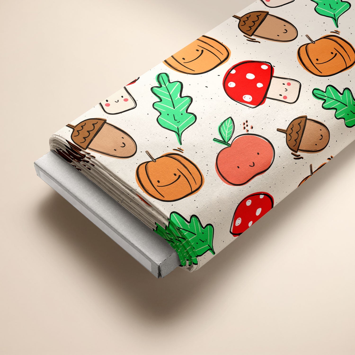 Kinderstoff Meterware herbstliche Blätter Pilze Apfel und Kürbis von Katzengold Design