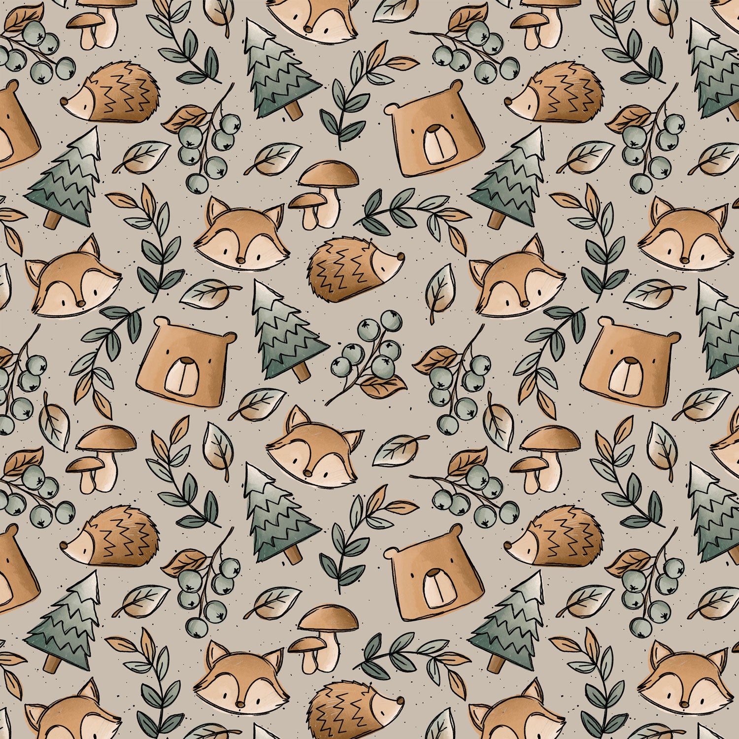 Kinderstoff Meterware mit Herbstmotiv mit Fuchs, Bär und Wald von Katzengold Design