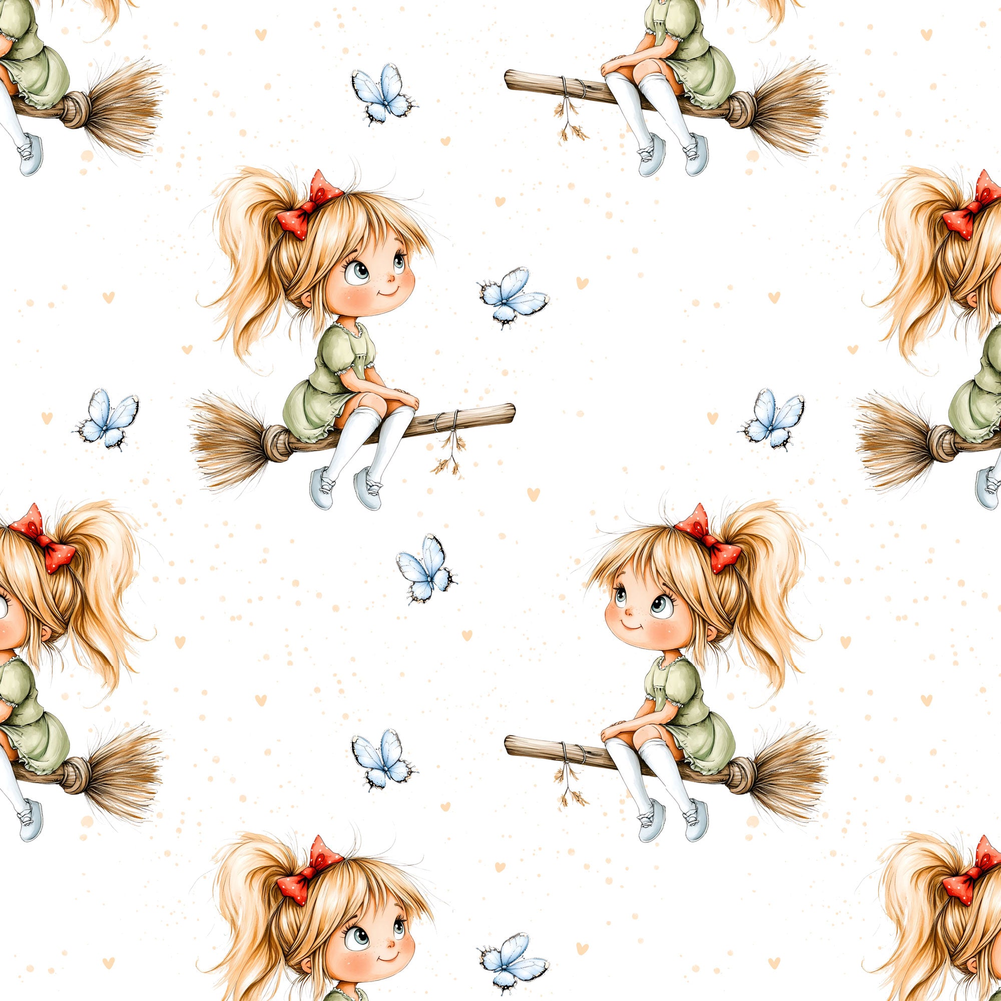 Kinderstoff Meterware Hexe auf Besen mit roter Schleife Hexenmädchen Schmetterlinge