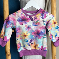Damenstoff Meterware Blumen lila gelb blau als Kinderpullover