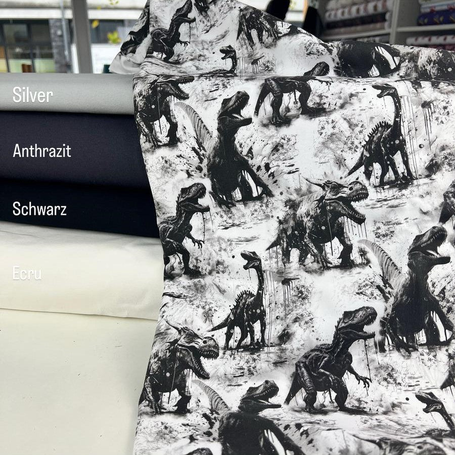 Kinderstoff mit coolen Dinosauriern in schwarz weiß Kombistoffe