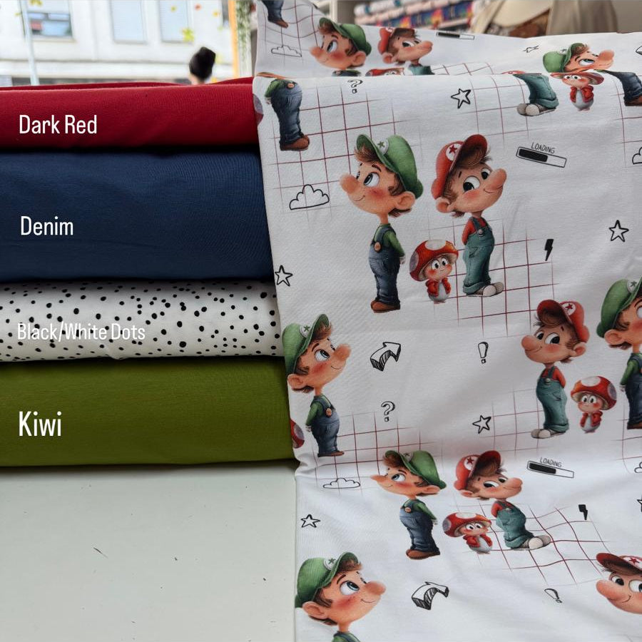 Kinderstoff Jungsstoff Handwerker grün & rot Gaming passende Stoffkombinationen