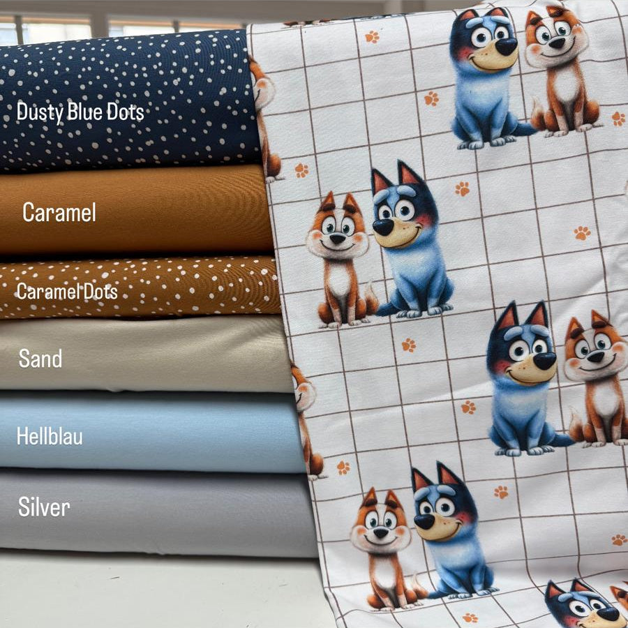 Kinderstoff blauer Hund und brauner Hund Meterware mit passenden Stoffkombinationen