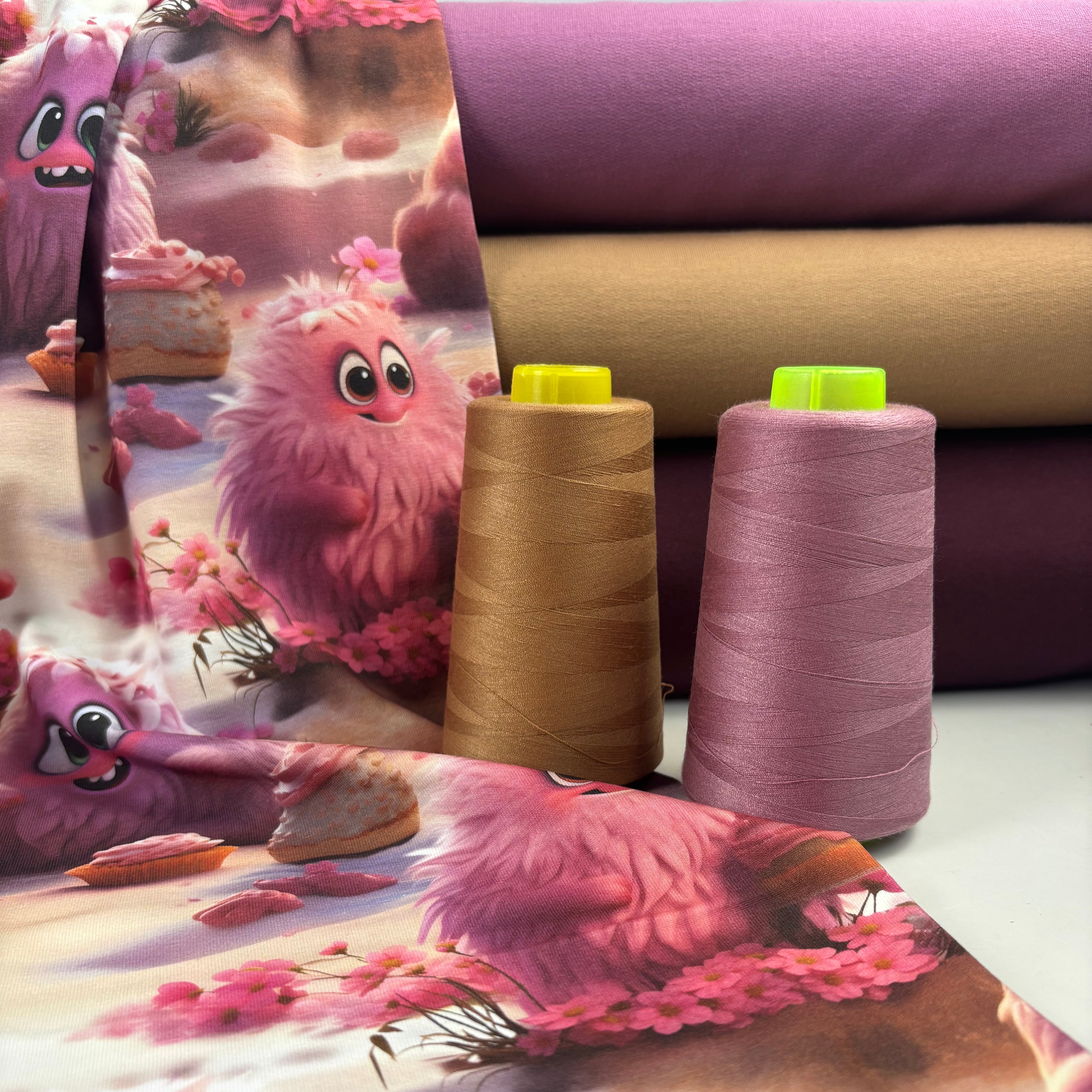 Kinderstoff süße rosa Monster mit Cupcakes Kombistoffe und Garn
