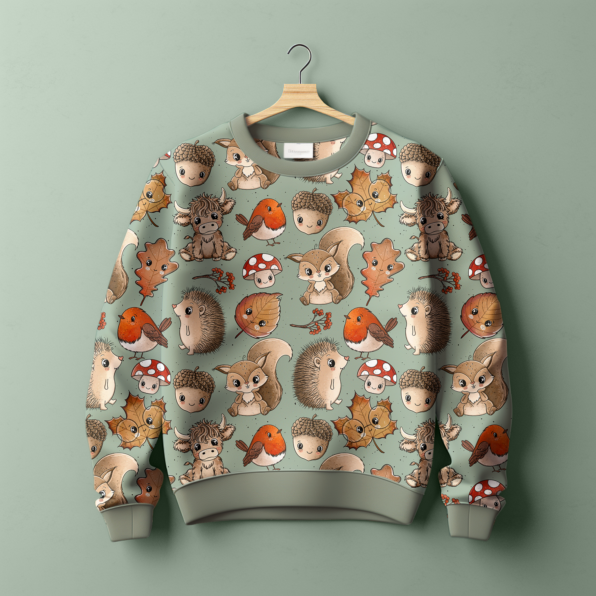 Kinderstoff Meterware Waldtiere Igel Pilze Vogel Blätter  Eichhörnchen von Katzengold Design als Kinderpullover vernäht