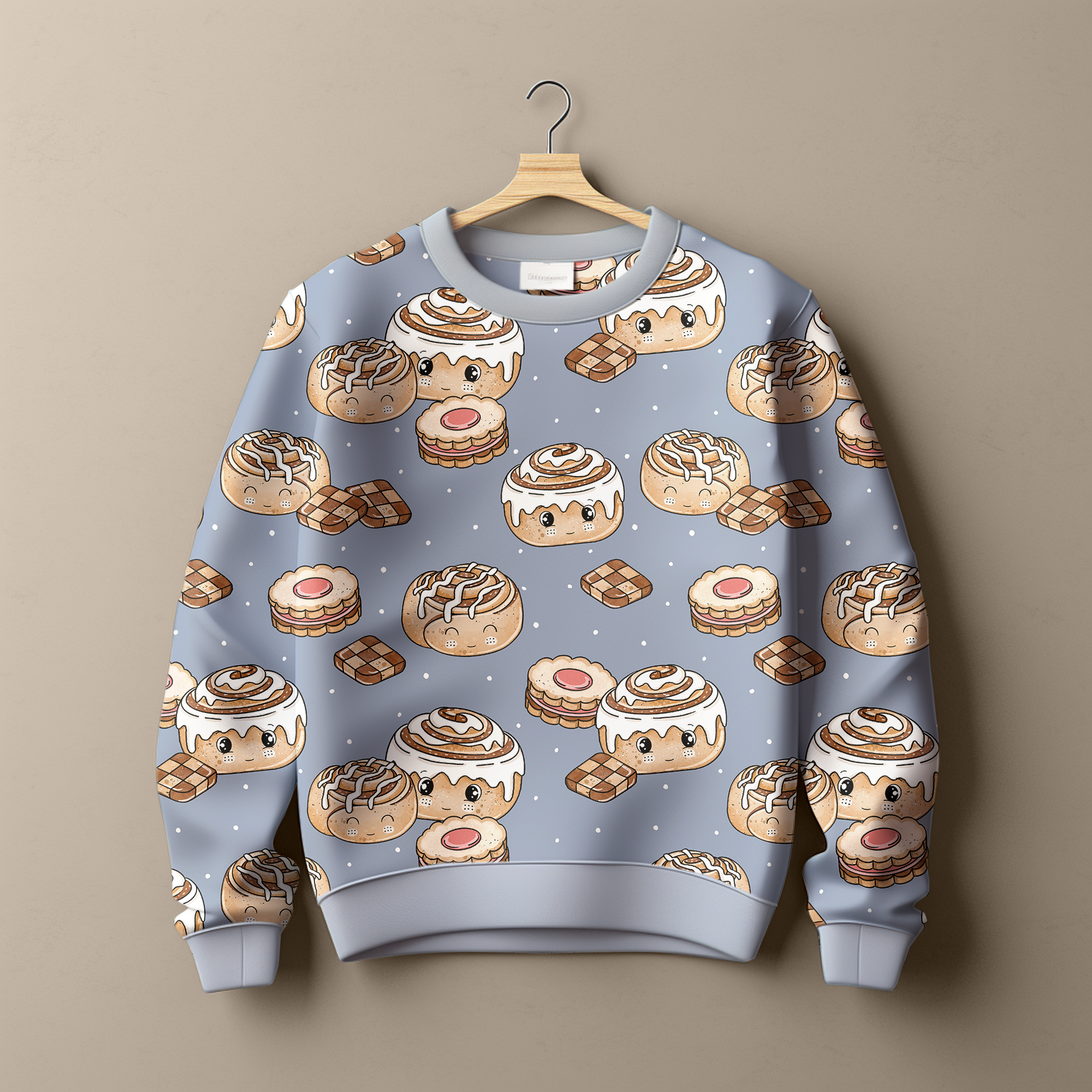 Kinderstoff mit weihnachtlichen Gebäck, wie Zimtschnecken und Plätzchen auf blau von Katzengold Design als Kinderpullover