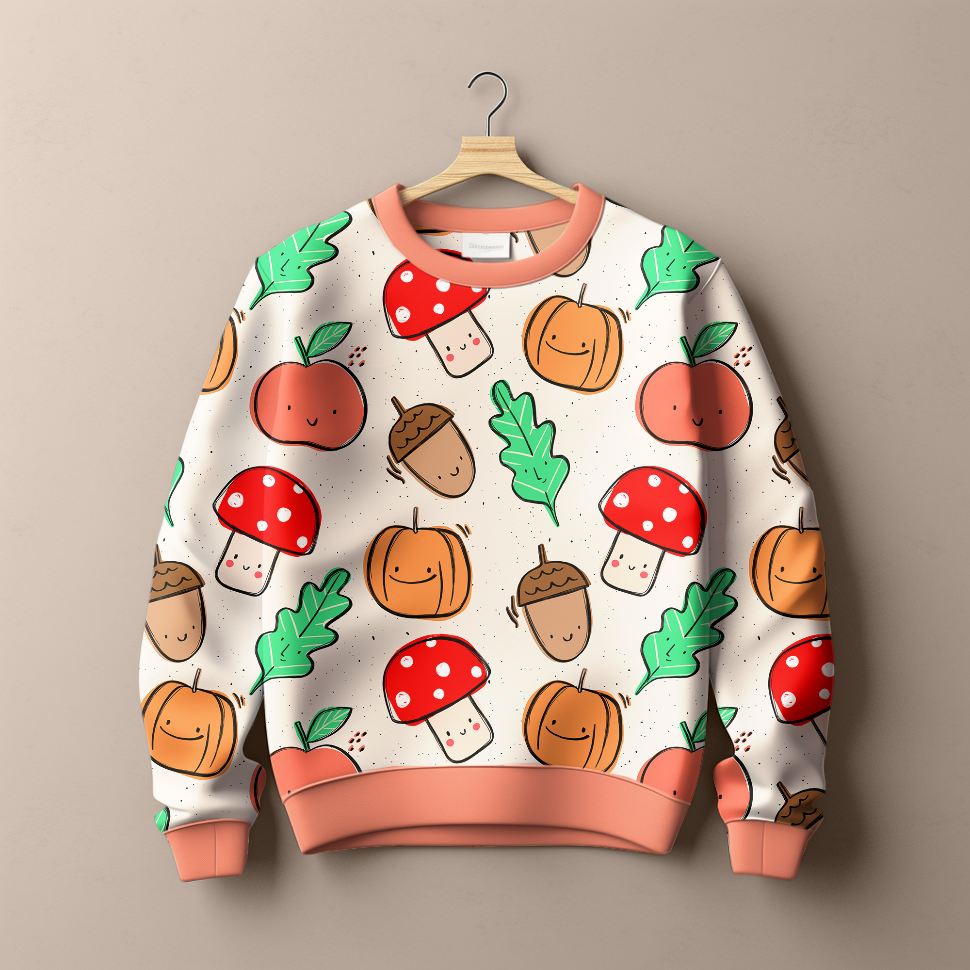 Kinderstoff Meterware herbstliche Blätter Pilze Apfel und Kürbis von Katzengold Design als Kinderpullover vernäht