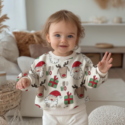 Kinderstoff mit Weihnachtsmann, Rentier, Geschenk und Hoho von Katzengold design im sketchstil