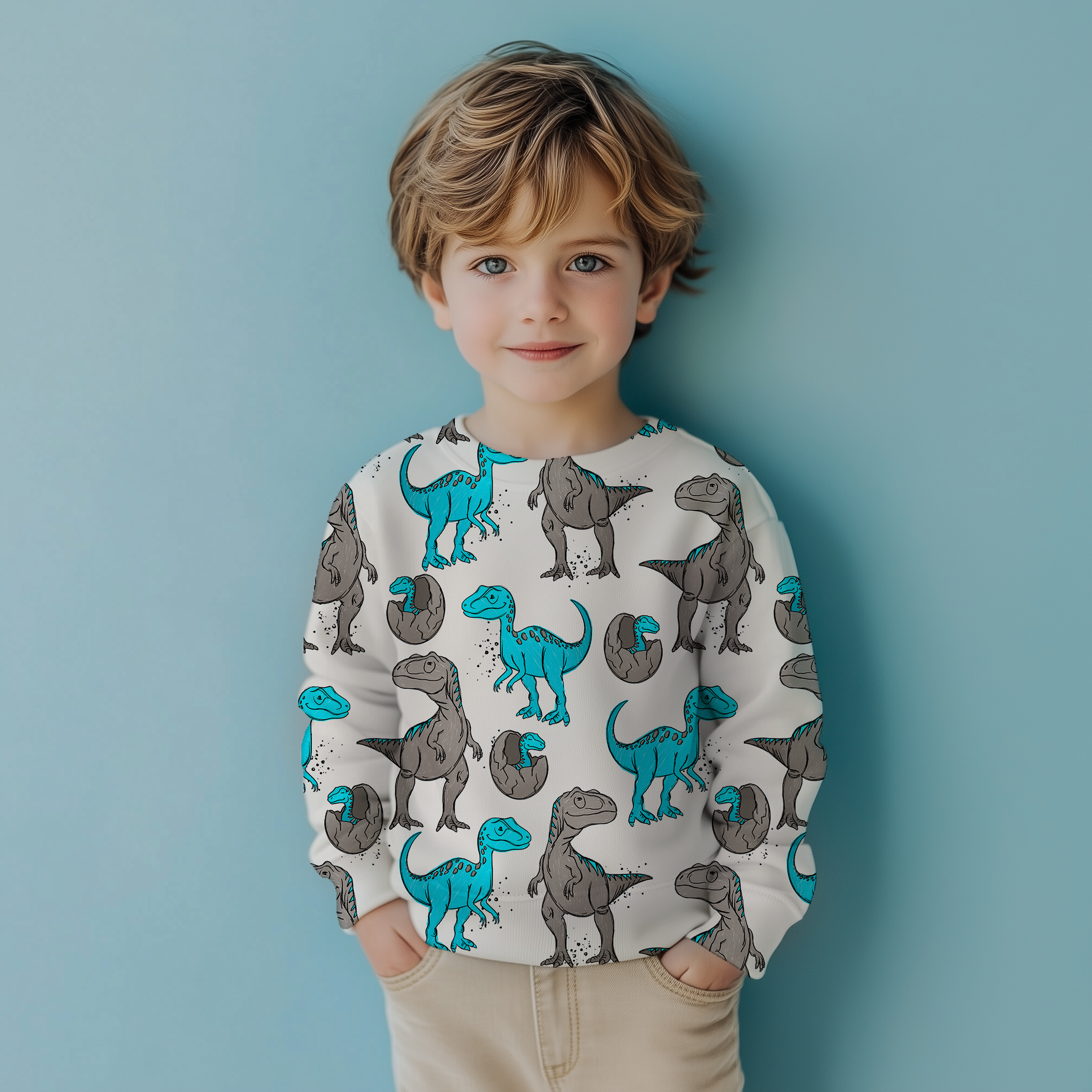 Kinderstoffe Meterware coole Dinos in grau und blau von Katzengold Design als Outfit
