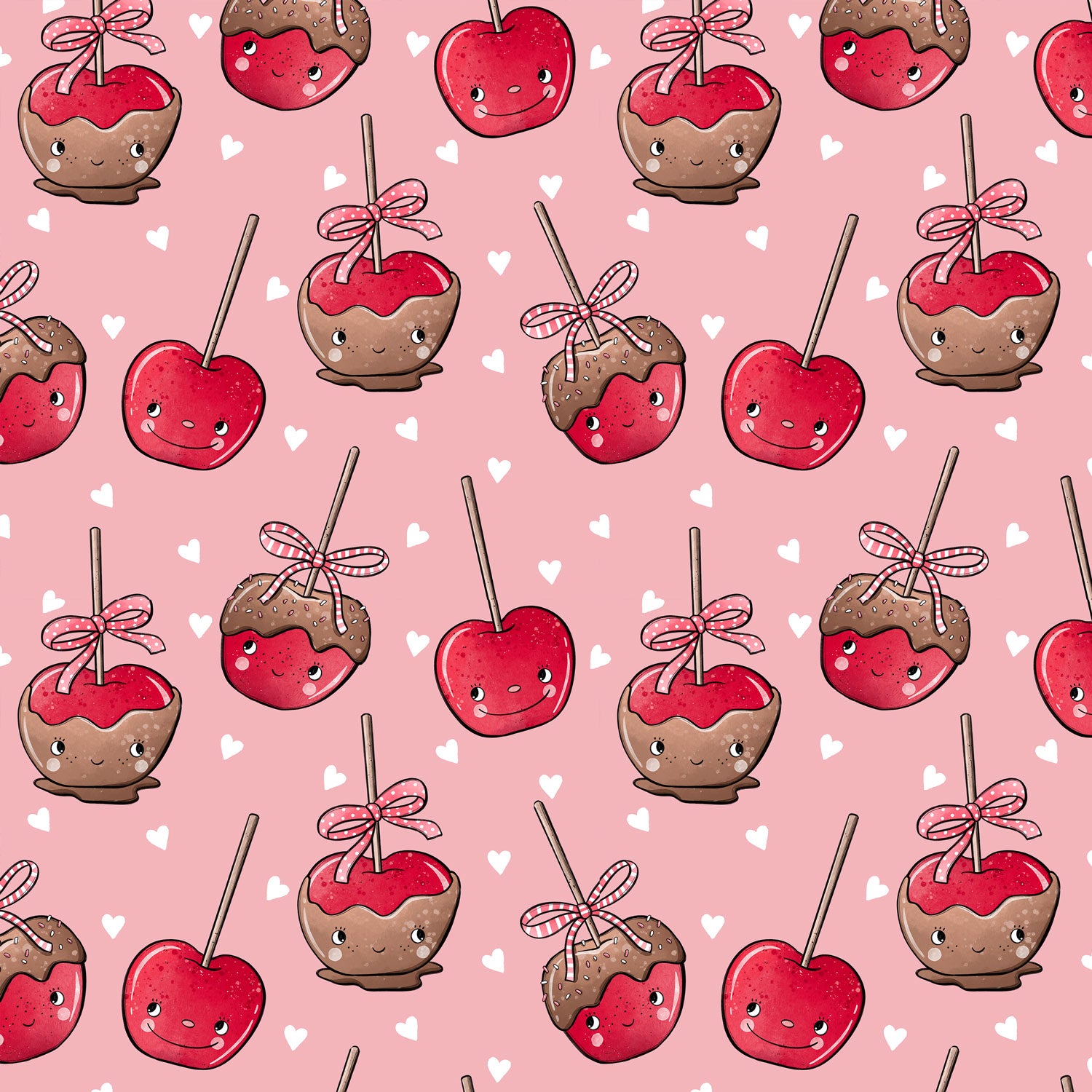 Kandierte Äpfel mit Gesichtern und Herzchen auf rosa von Katzengold Design