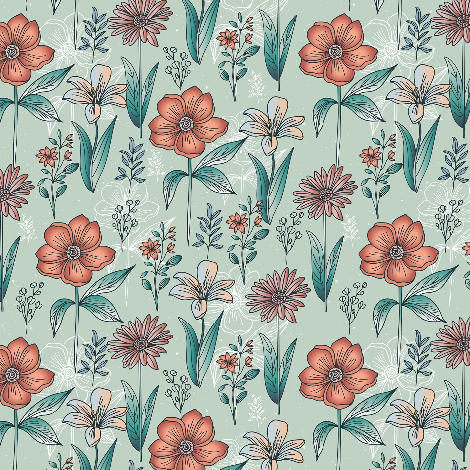Damenstoff Meterware Blumen auf mint Hintergrund von Katzengold Design