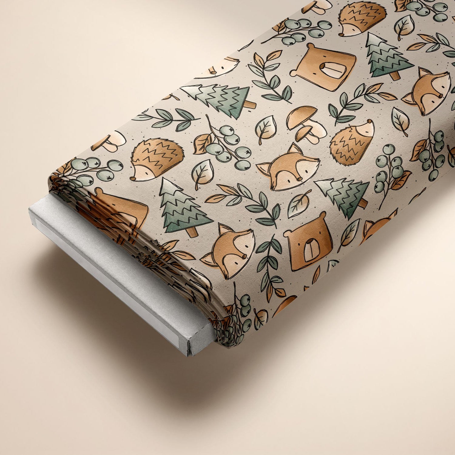 Kinderstoff mit Herbstmotiv mit Fuchs, Bär und Wald von Katzengold Design auf Ballen