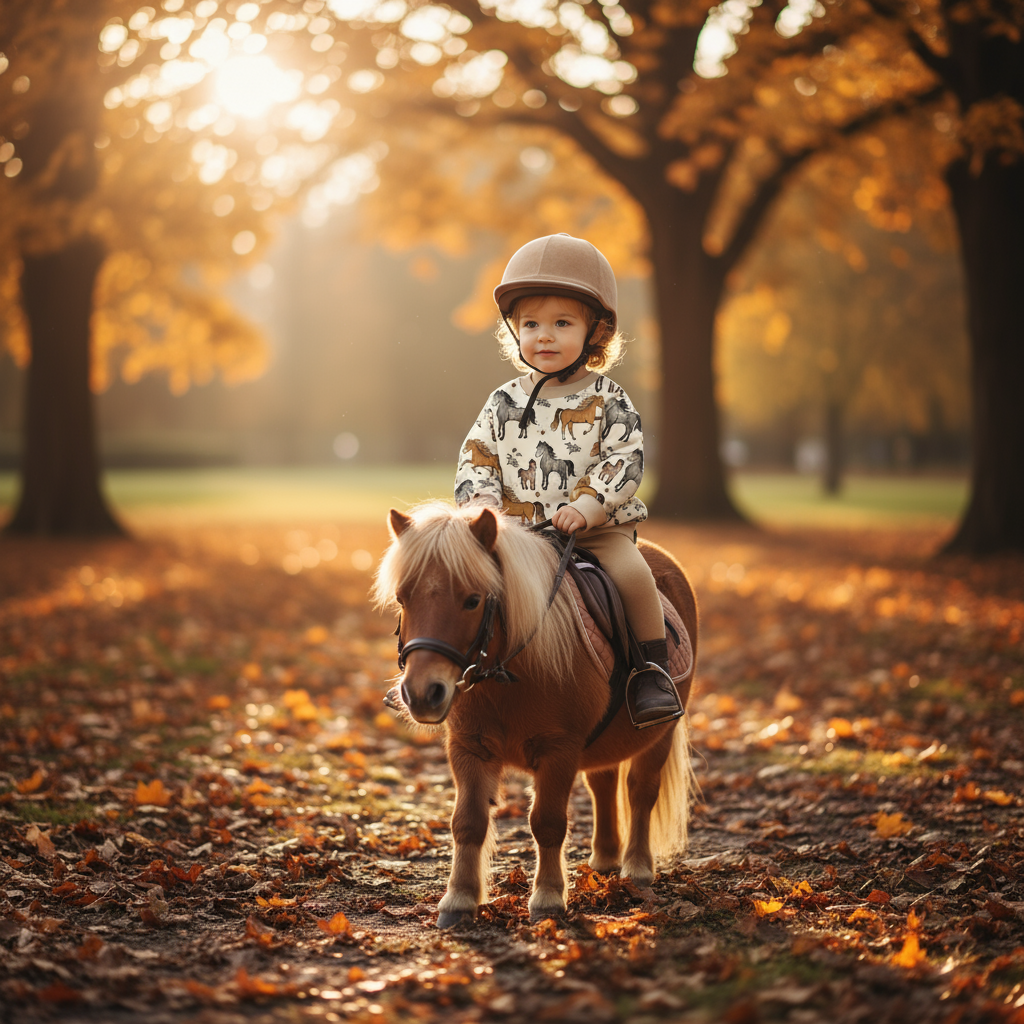 Kinderstoff Meterware Pferde in braun und grau mit Blumen von Katzengold Design als Tragefoto genäht als Pullover Kind auf Pferd