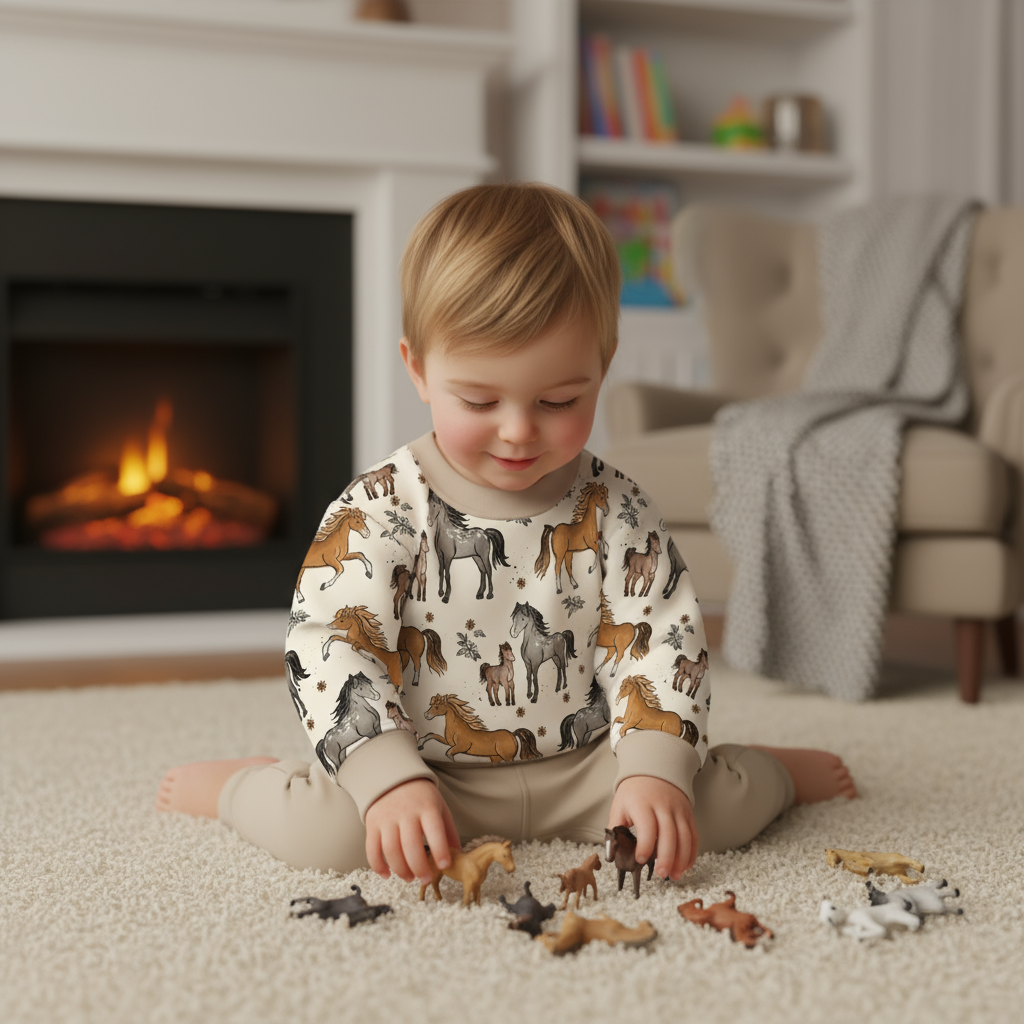 Kinderstoff Meterware Pferde in braun und grau mit Blumen von Katzengold Design genäht als pullover kind spielt mit pferden