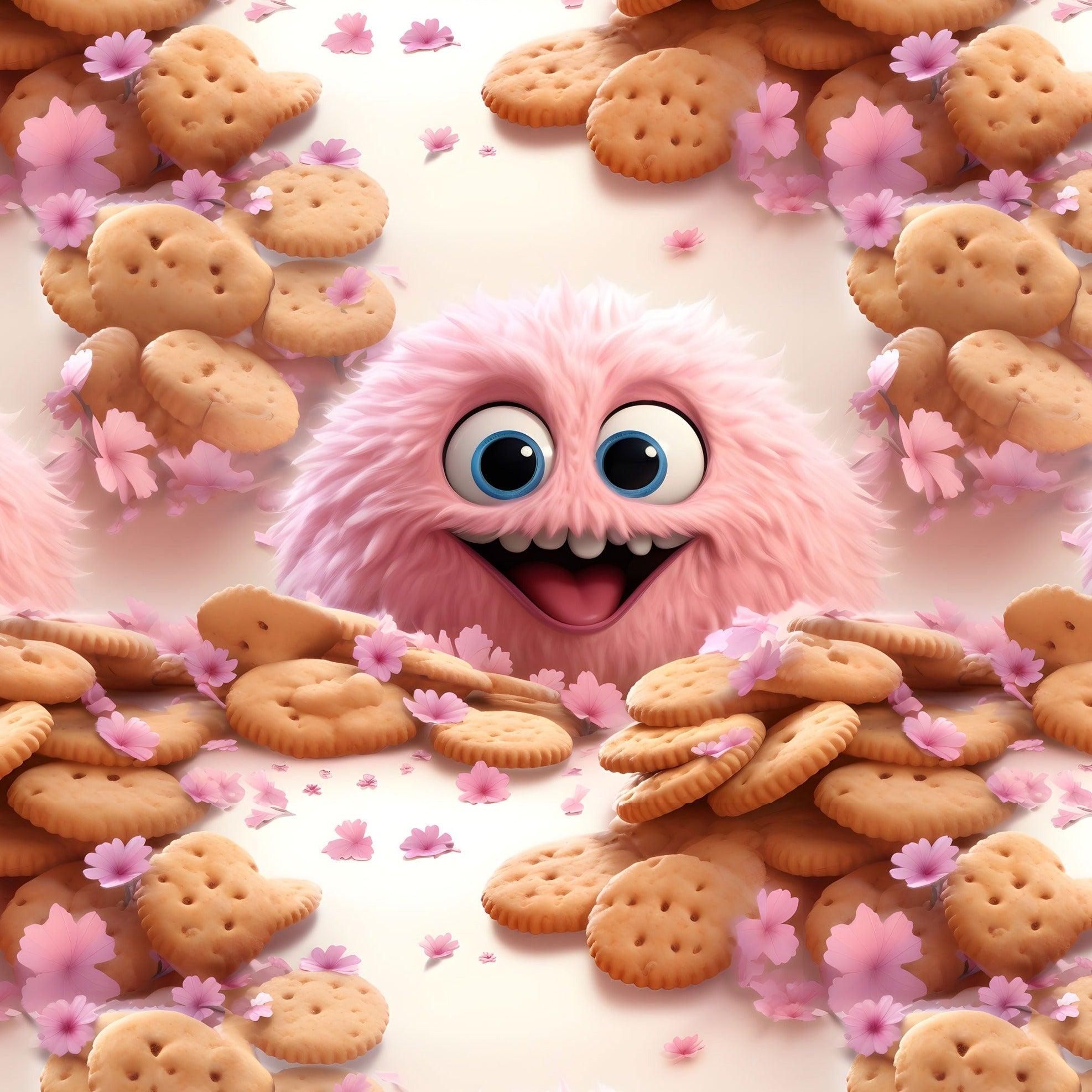 Kinderstoff rosa Monster mit Keksen und Blumen Keksmonster